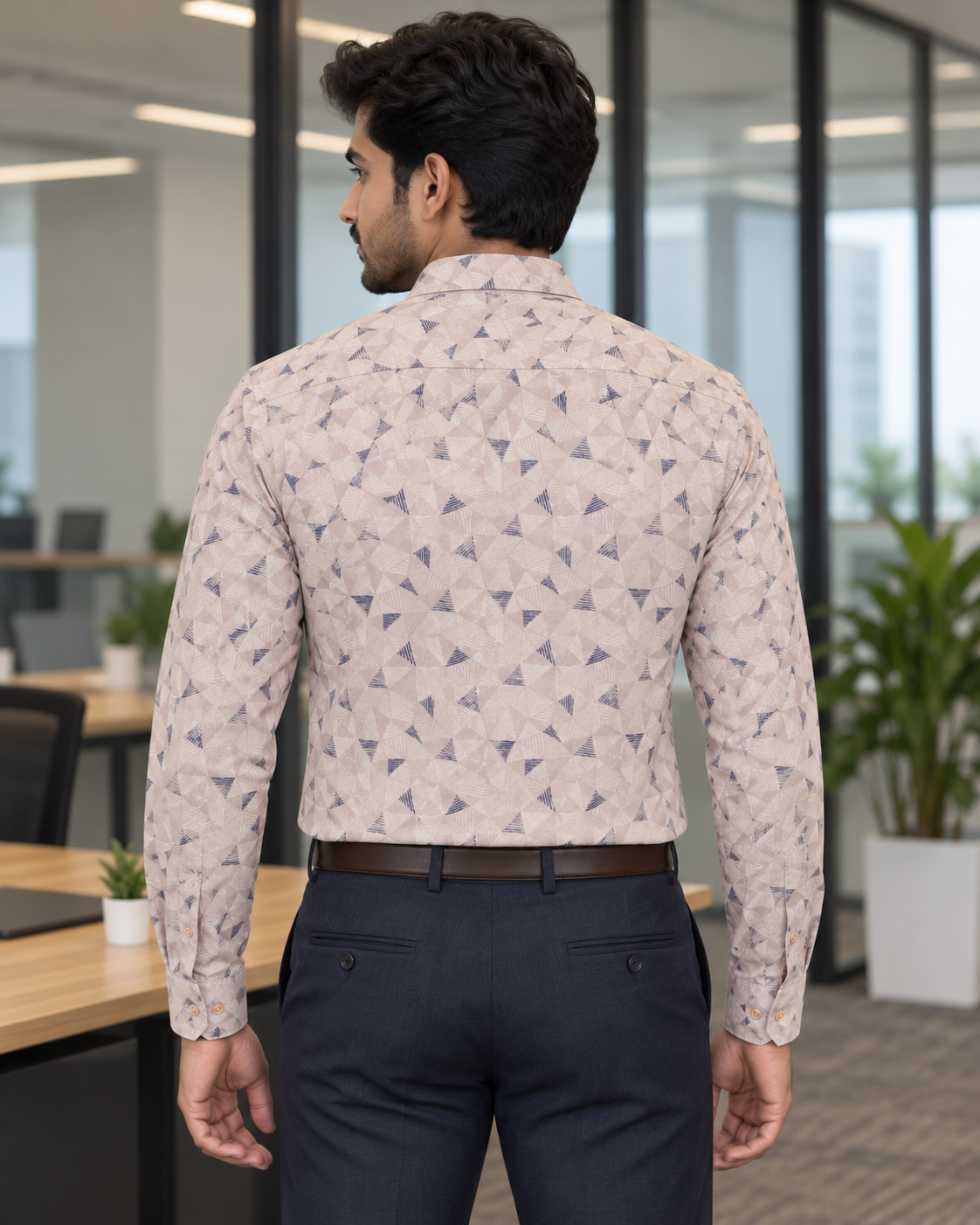 Sand Beige Geometric Print Cotton Full Sleeve Slim Fit Shirt