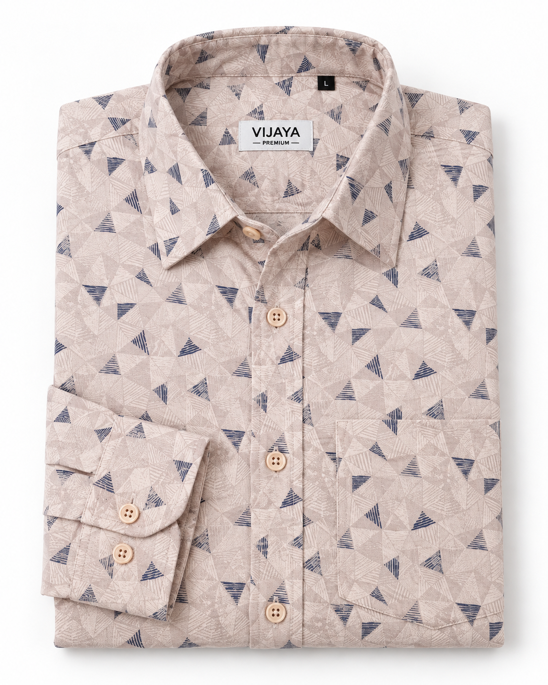 Sand Beige Geometric Print Cotton Full Sleeve Slim Fit Shirt