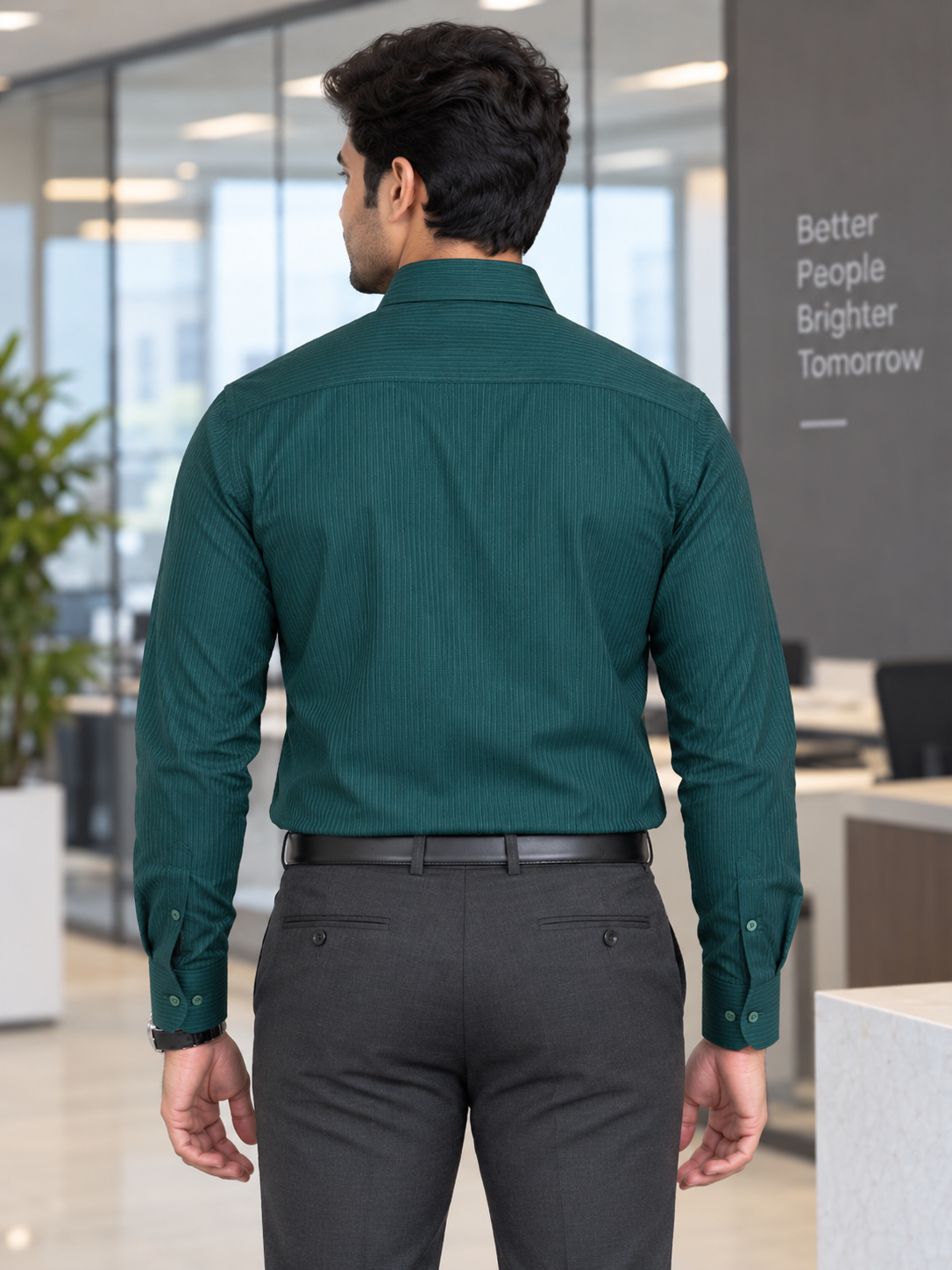 Deep Teal Green Tonal Stripe Cotton Full Sleeve Slim Fit Shirt