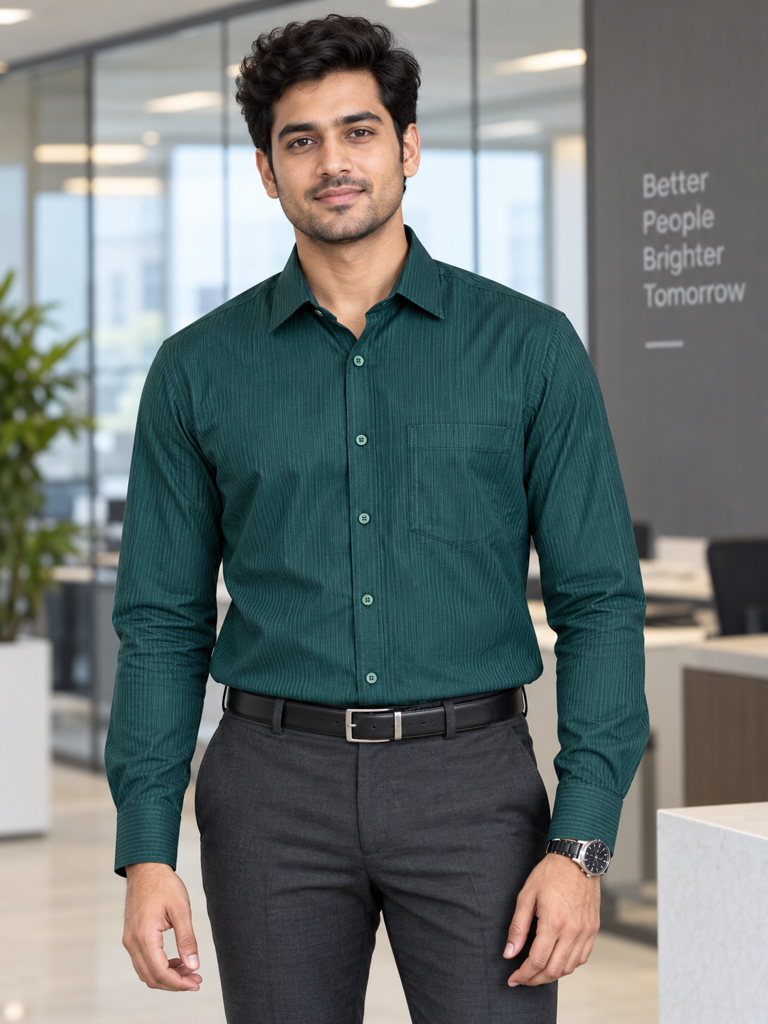 Deep Teal Green Tonal Stripe Cotton Full Sleeve Slim Fit Shirt