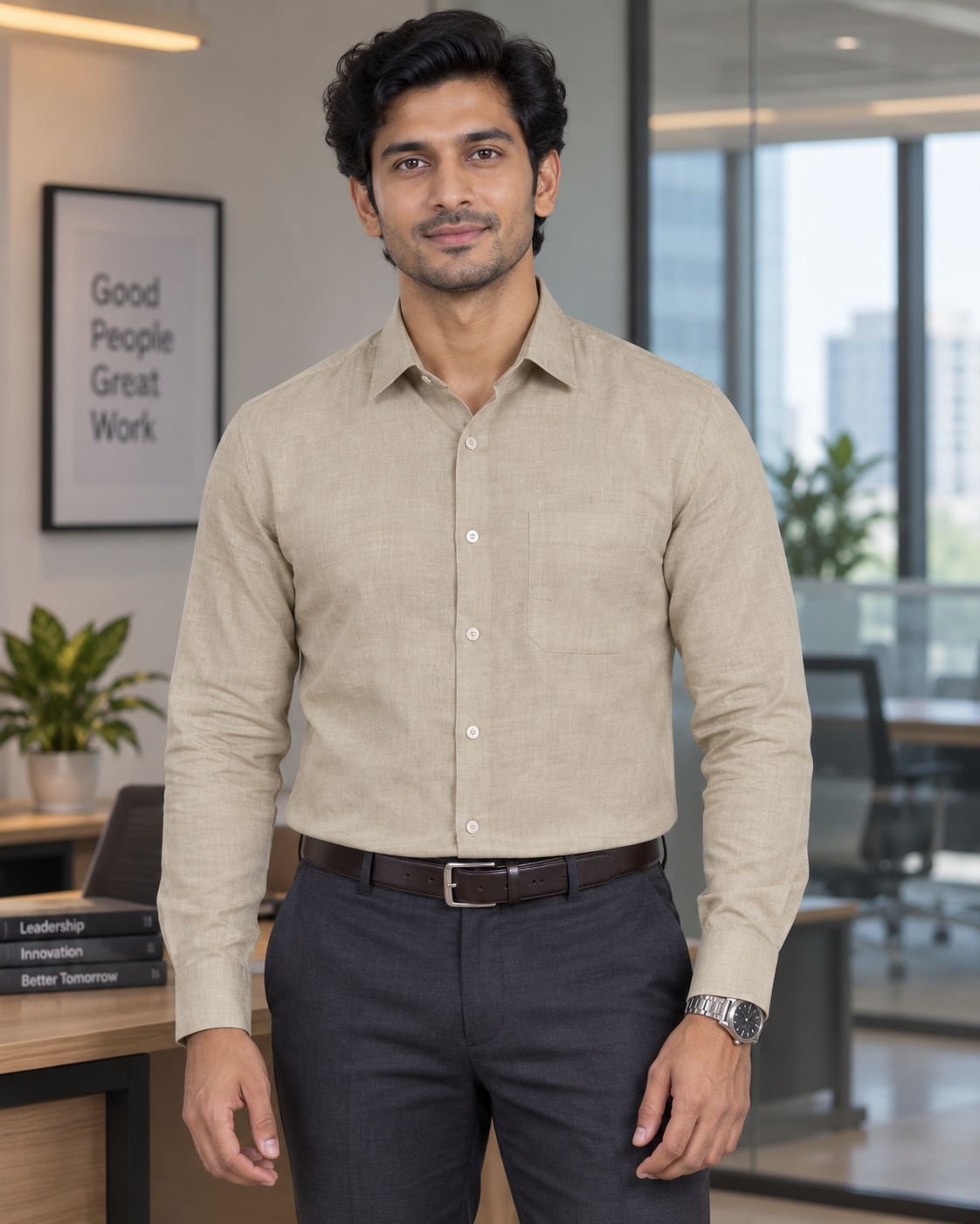 Stone Beige Textured Cotton Full Sleeve Slim Fit Shirt