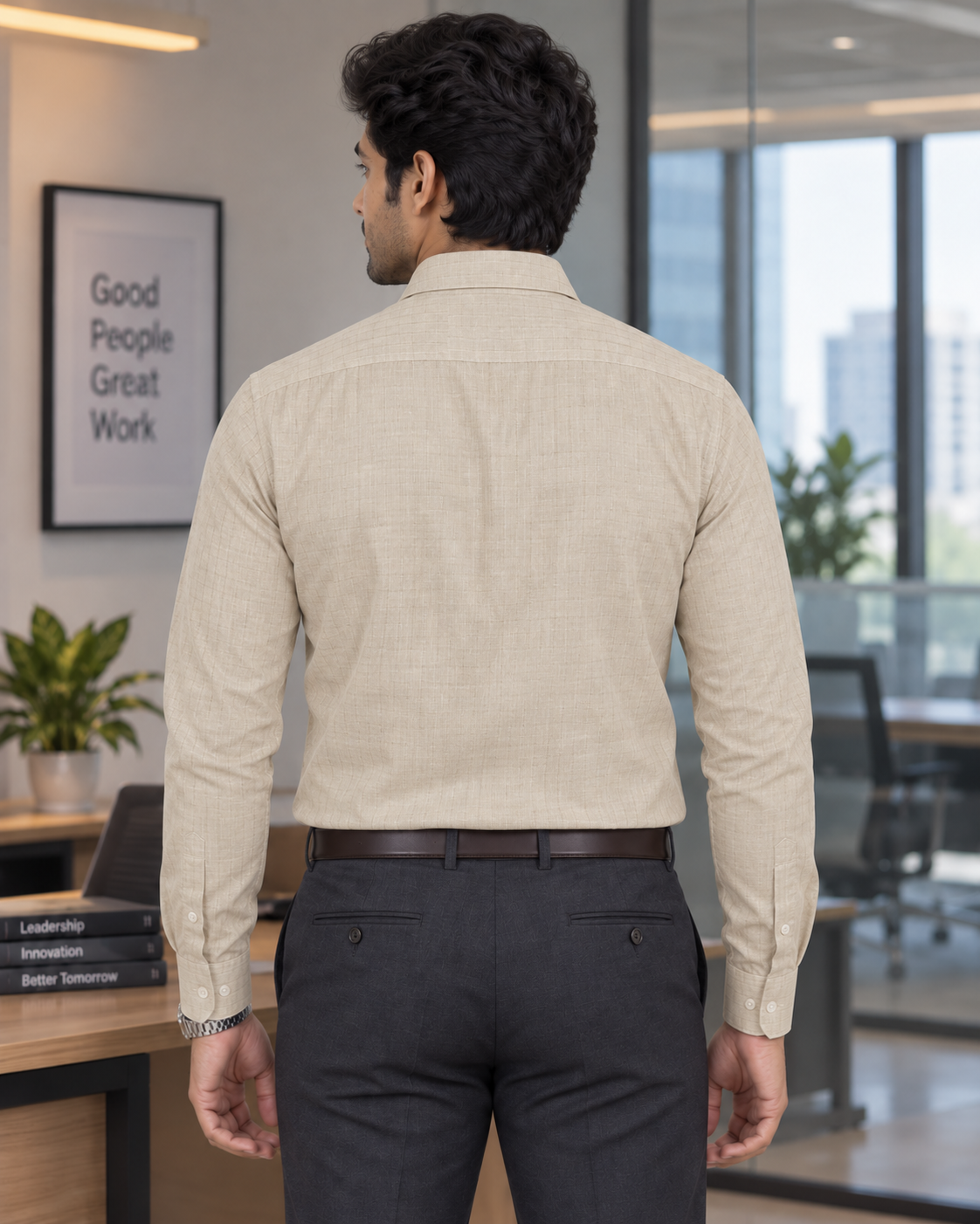 Stone Beige Textured Cotton Full Sleeve Slim Fit Shirt