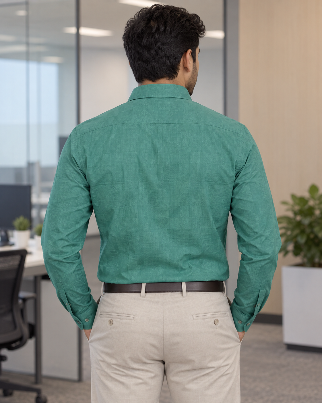 Jade Green Textured Cotton Full Sleeve Slim Fit Shirt