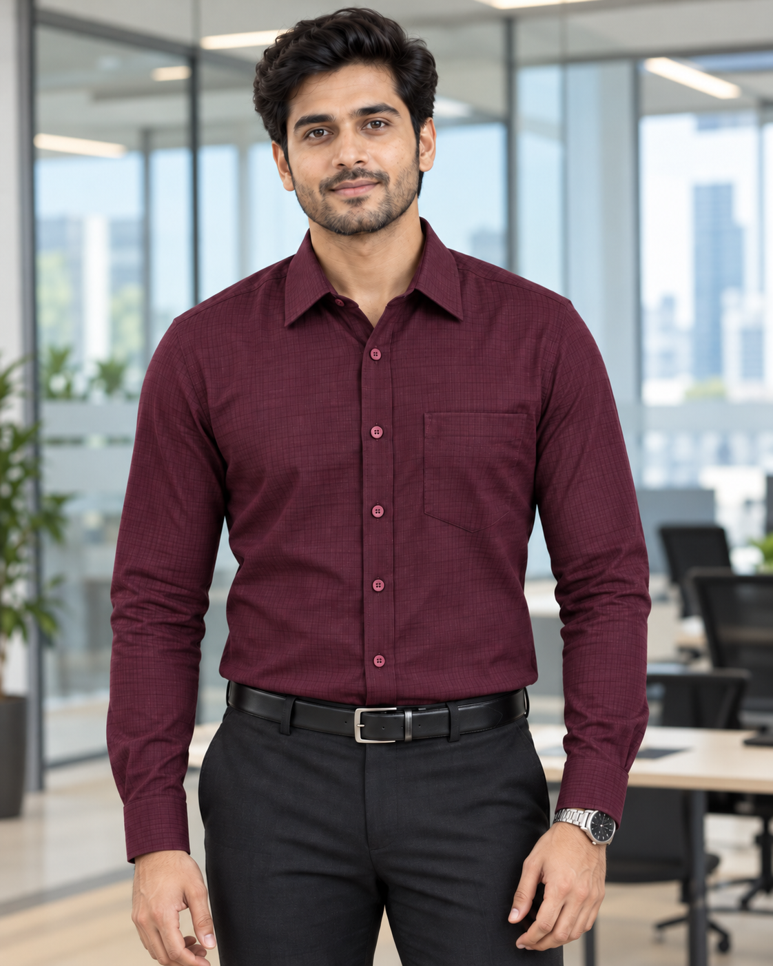 Deep Maroon Textured Cotton Full Sleeve Slim Fit Shirt