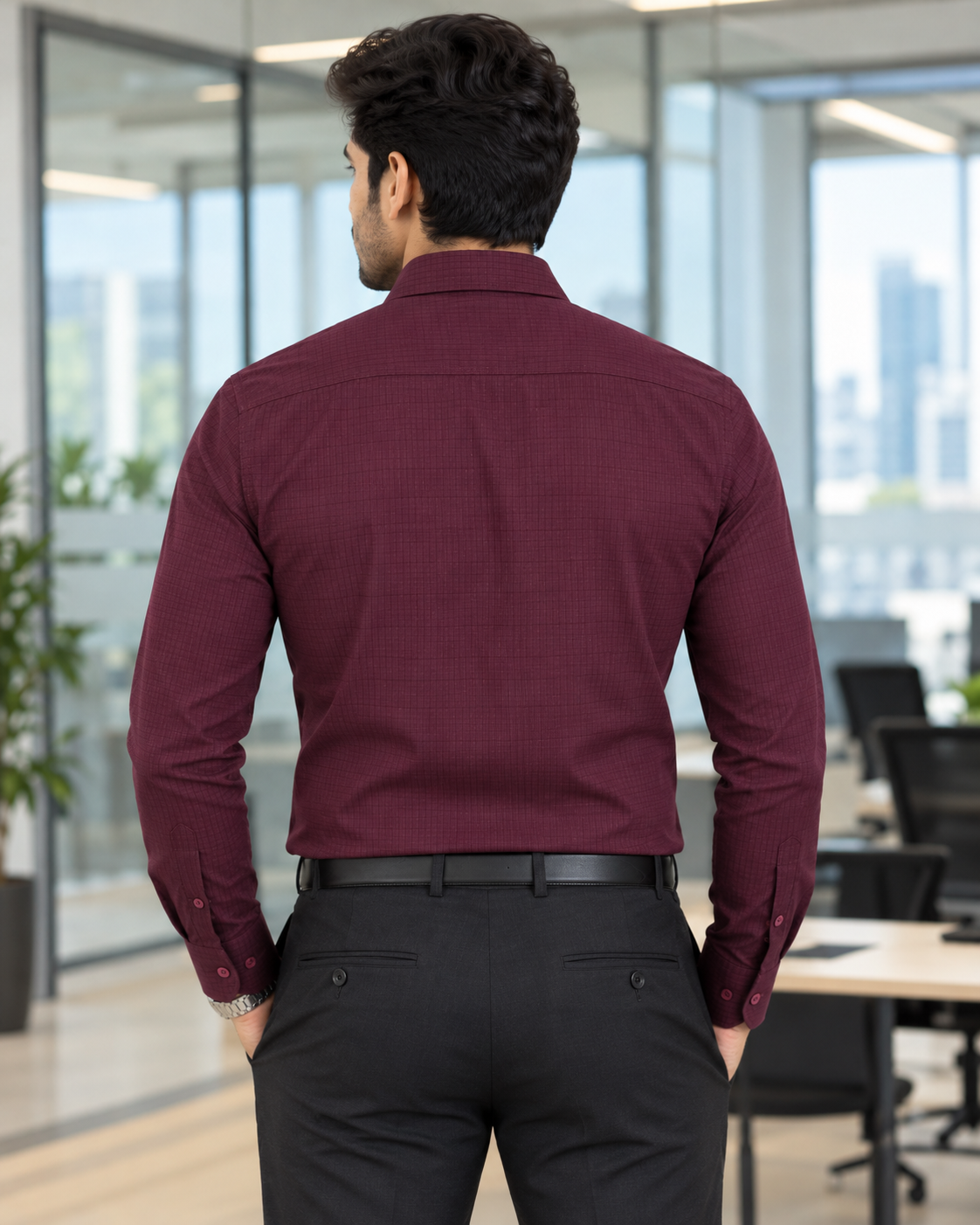 Deep Maroon Textured Cotton Full Sleeve Slim Fit Shirt