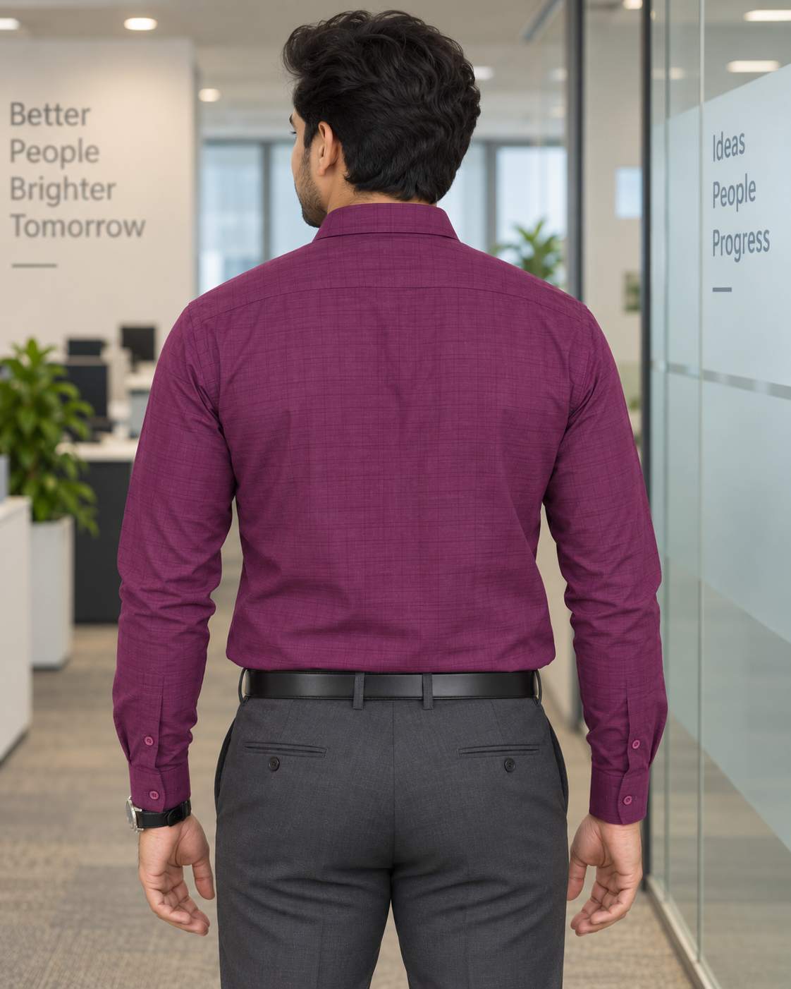 Deep Mulberry Purple Self-Check Cotton Full Sleeve Slim Fit Shirt
