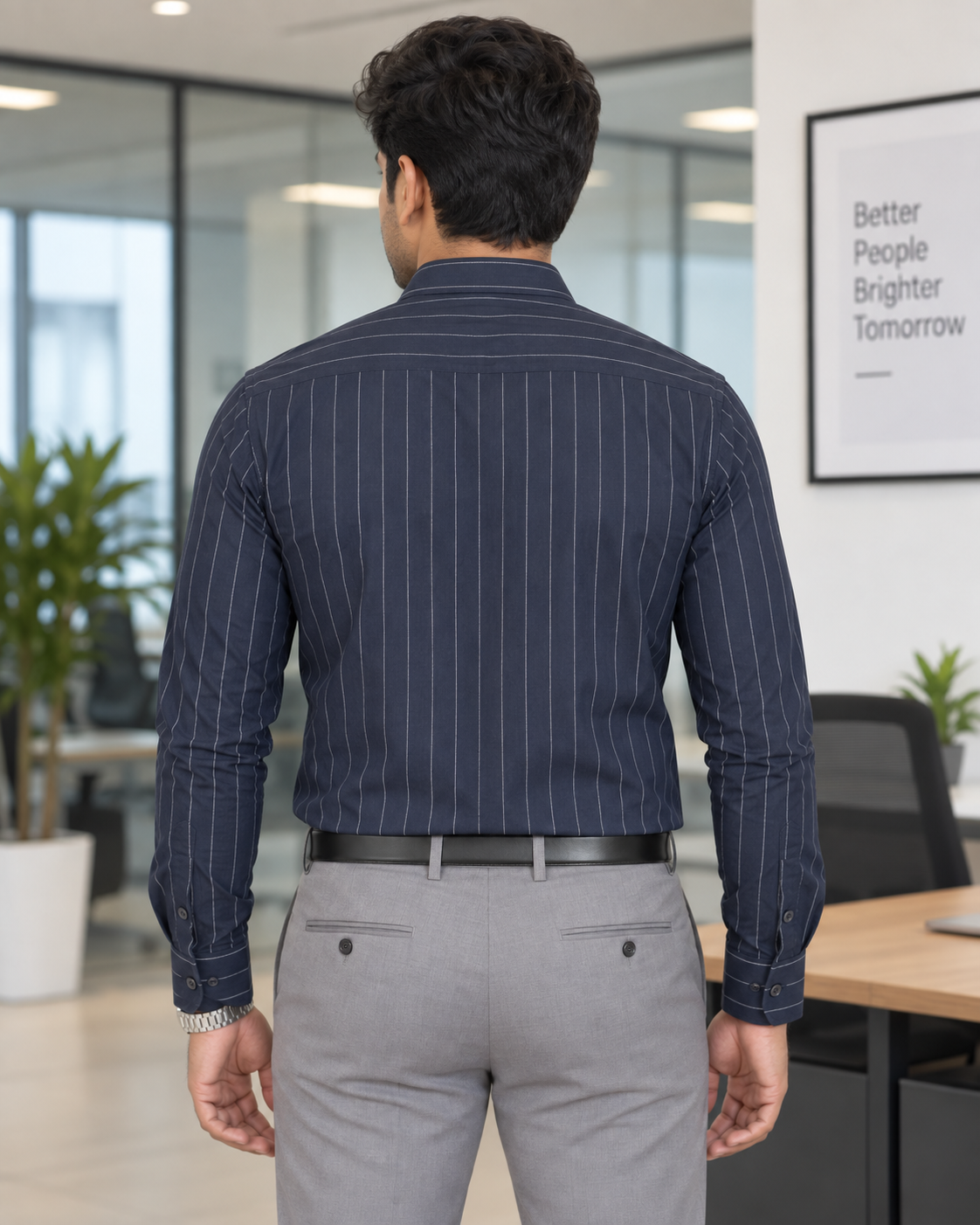 Charcoal Navy Pinstripe Cotton Full Sleeve Slim Fit Shirt