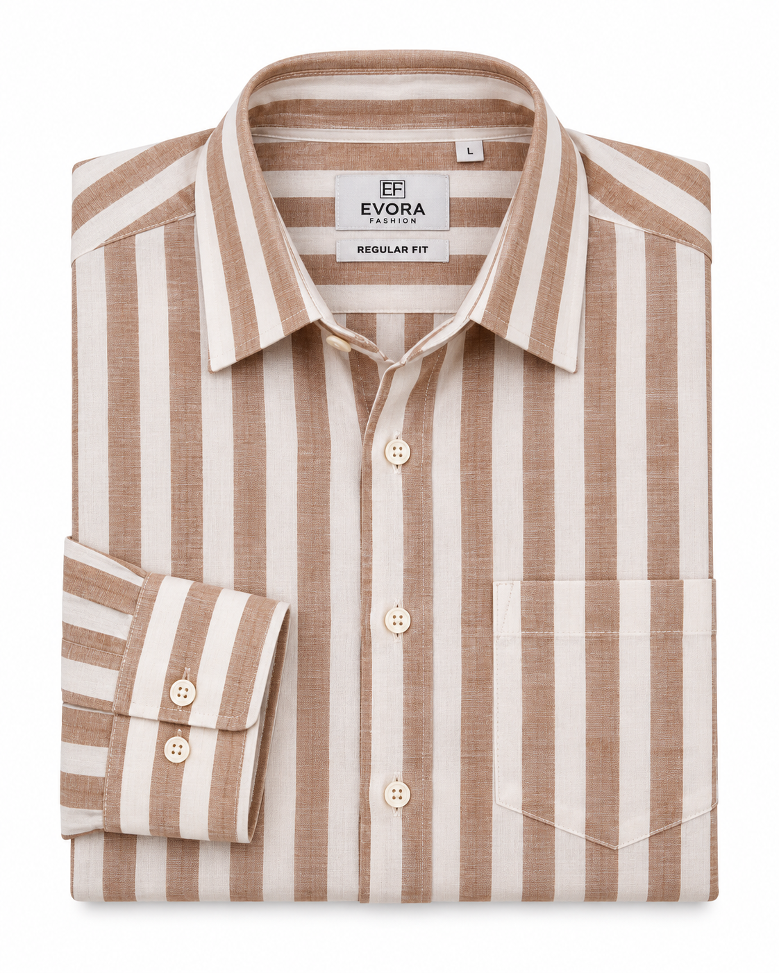Warm Beige & Ivory Vertical Stripe Cotton Full Sleeve Regular Fit Shirt