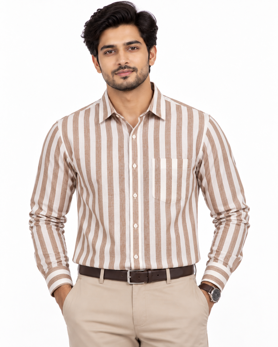 Warm Beige & Ivory Vertical Stripe Cotton Full Sleeve Regular Fit Shirt