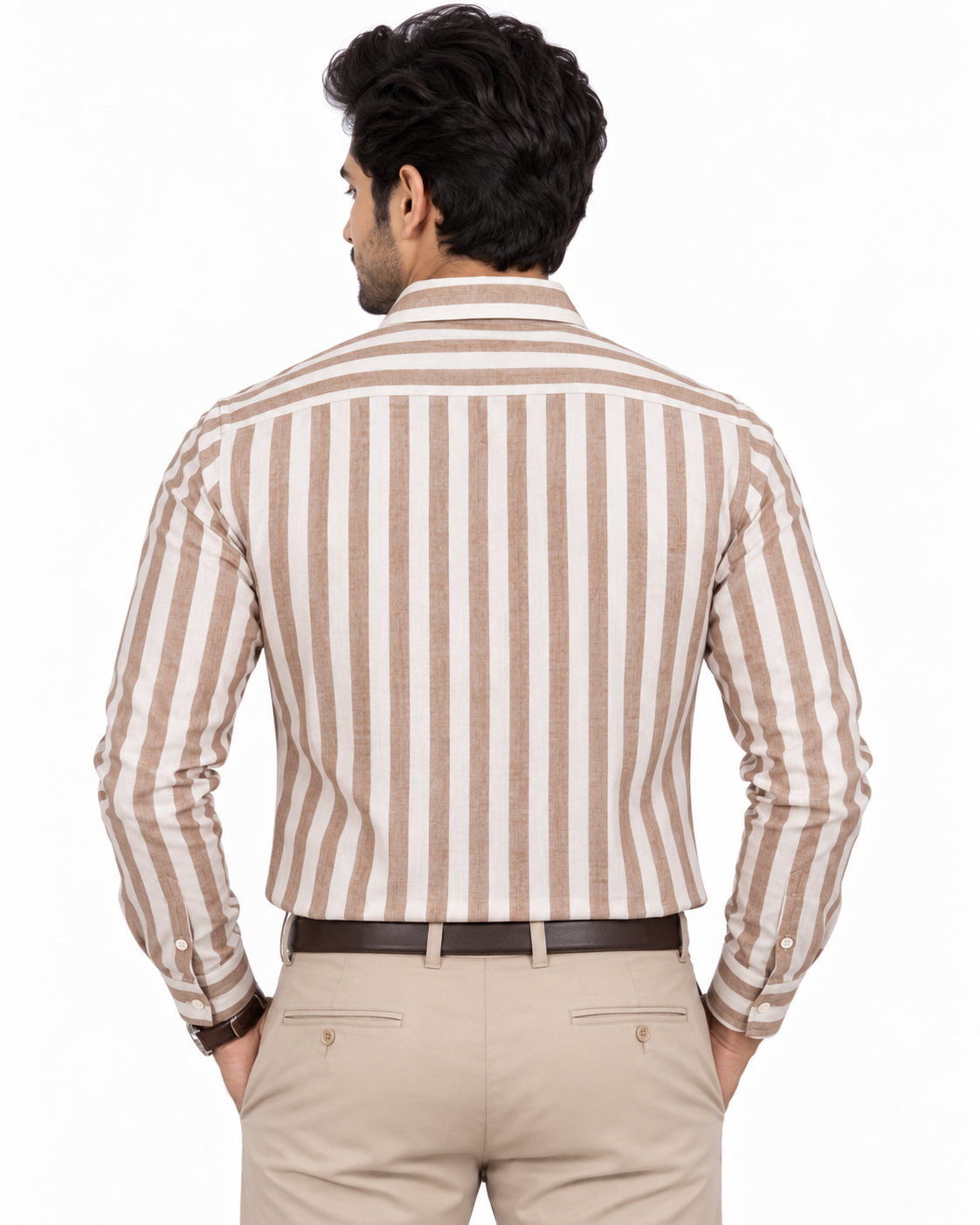 Warm Beige & Ivory Vertical Stripe Cotton Full Sleeve Regular Fit Shirt