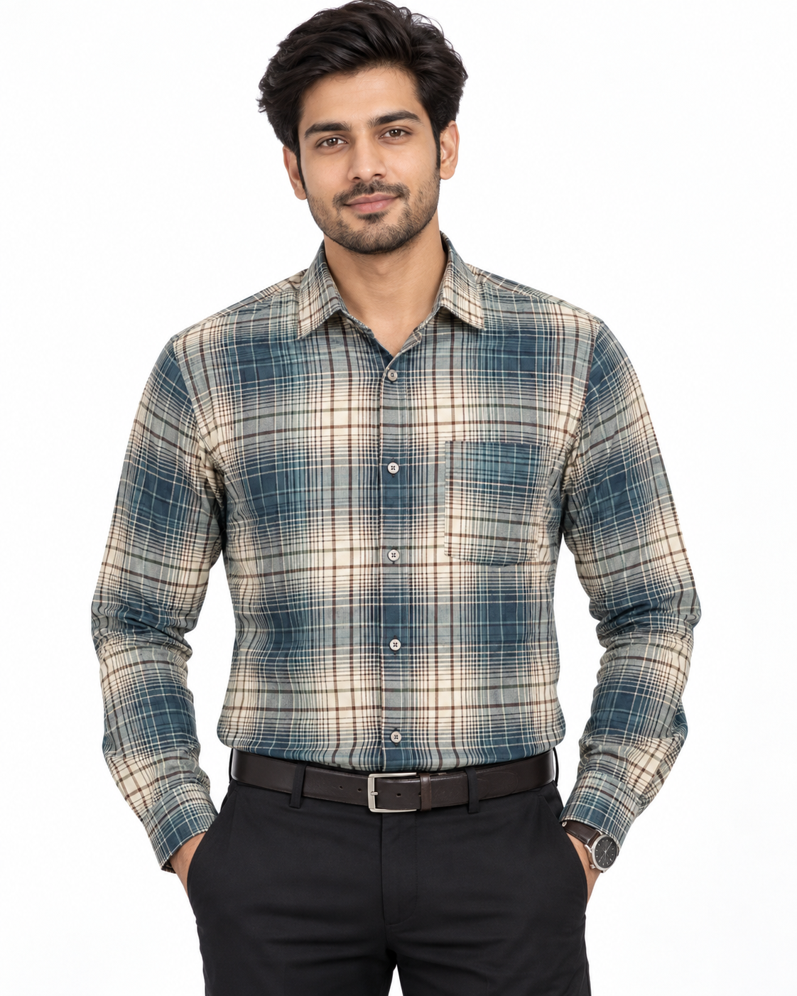 Blue Beige Tartan Check Full Sleeve Regular Fit Shirt