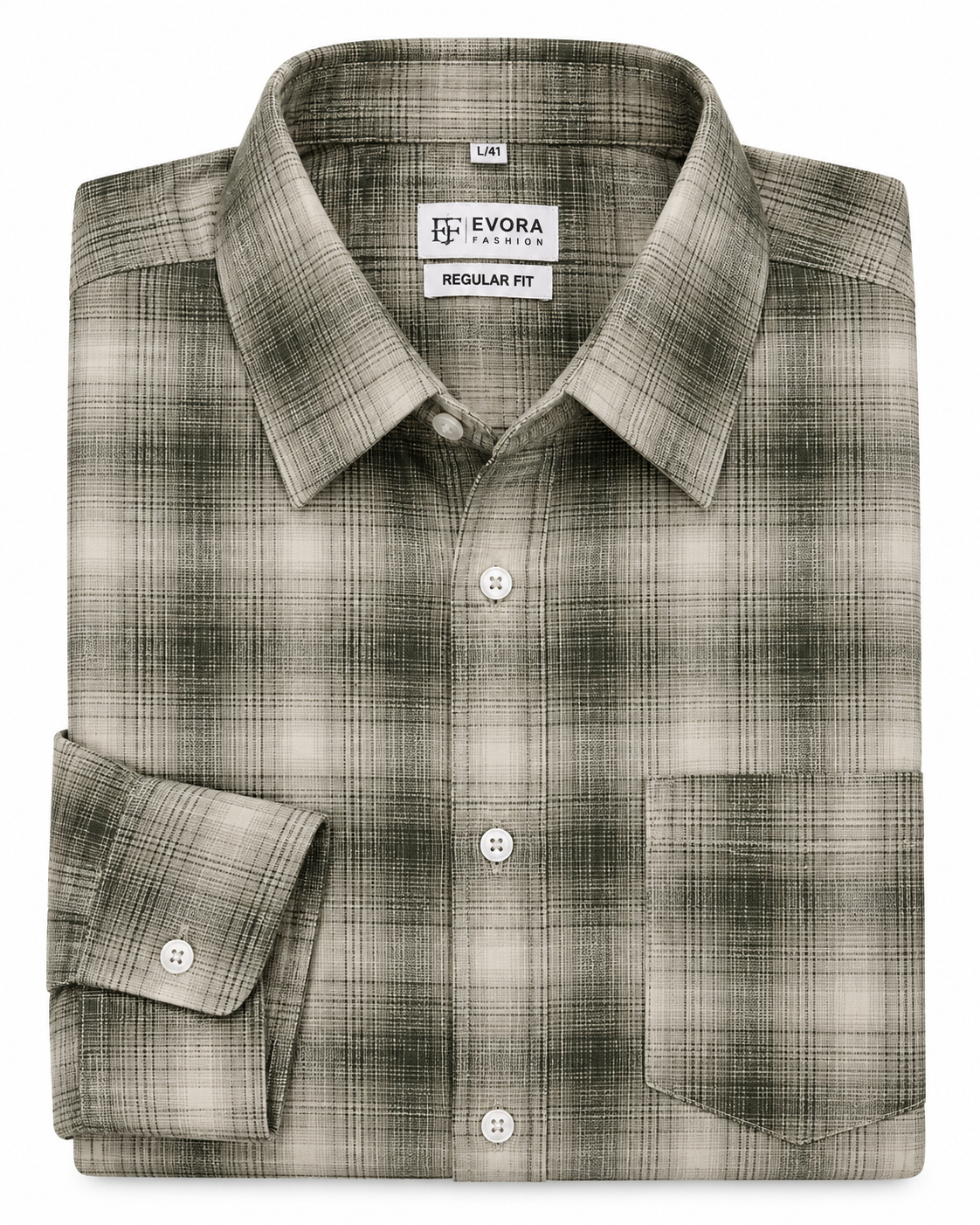 Ivory Beige Olive Plaid Check Cotton Full Sleeve Regular Fit Shirt