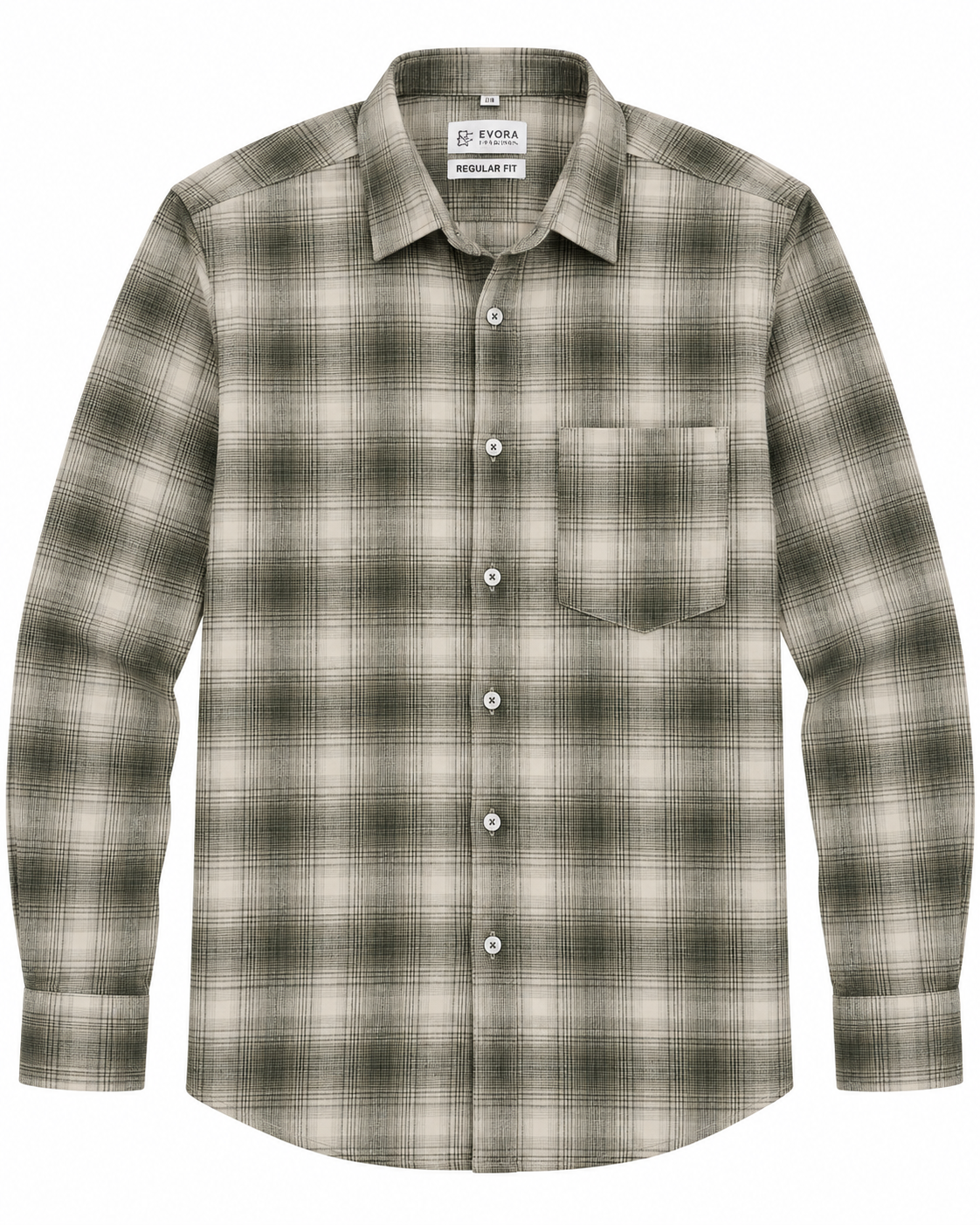 Ivory Beige Olive Plaid Check Cotton Full Sleeve Regular Fit Shirt