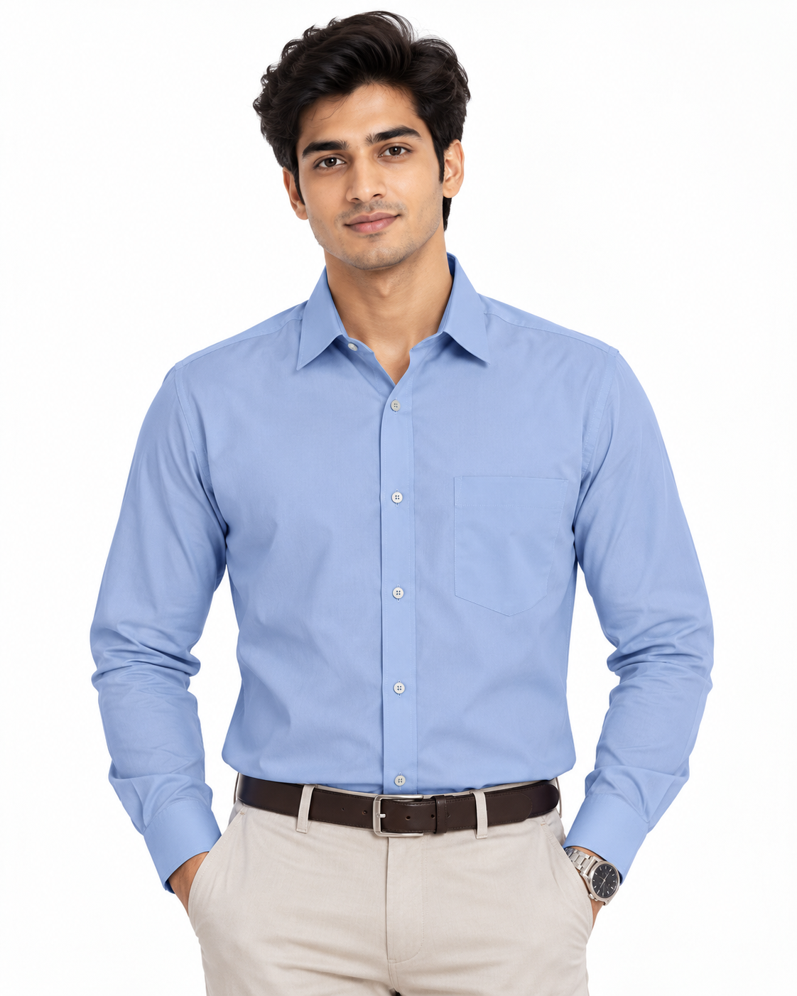 Powder Blue Solid Cotton Full Sleeve Regular Fit Shirt