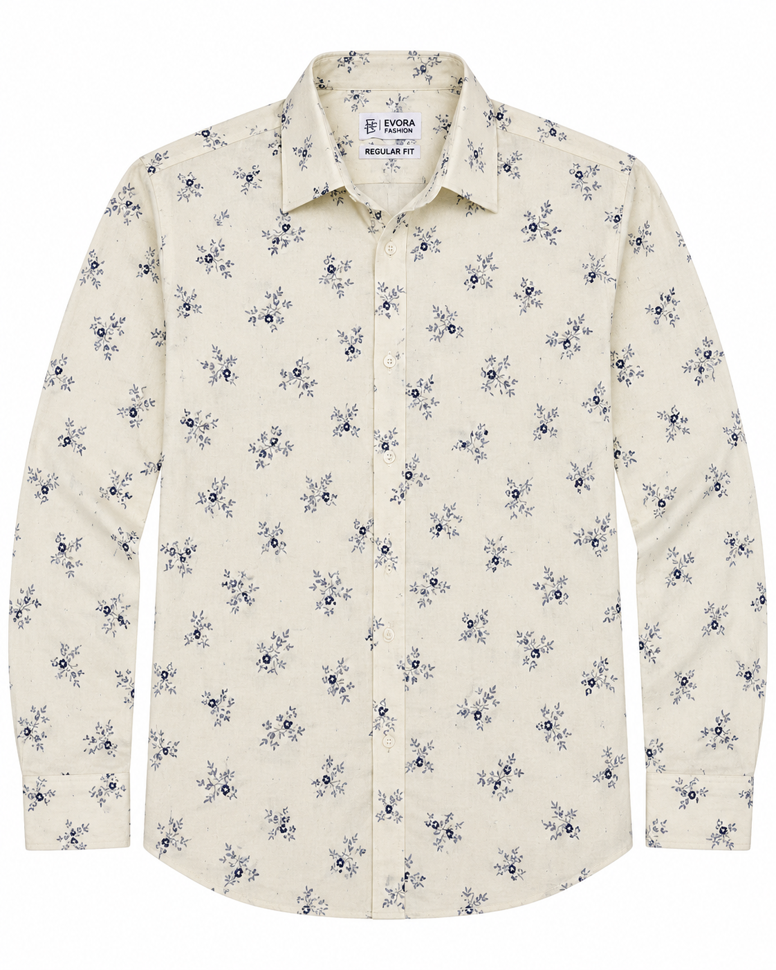 Ivory Cream Navy Floral Print Cotton Full Sleeve Regular Fit Shirt
