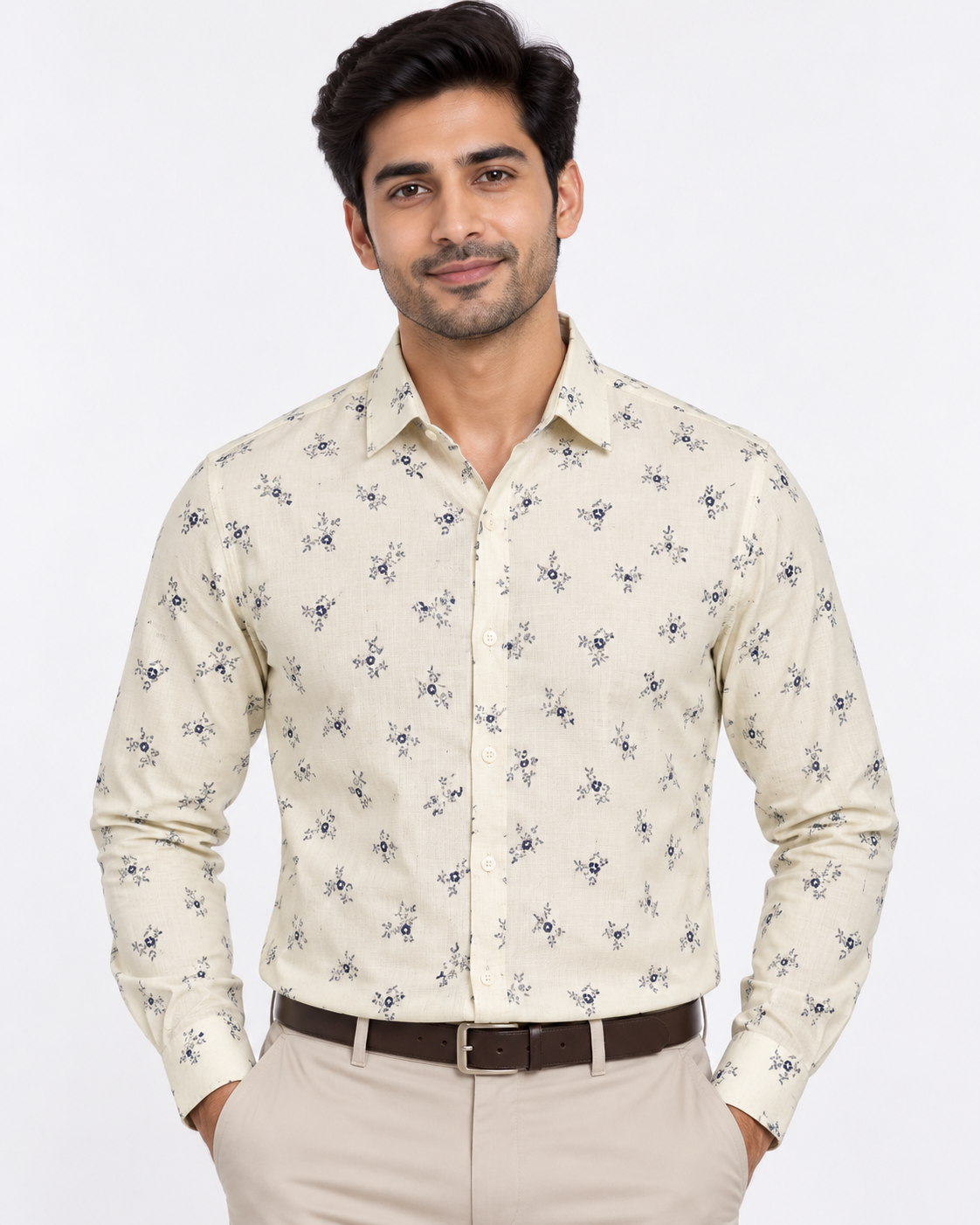 Ivory Cream Navy Floral Print Cotton Full Sleeve Regular Fit Shirt