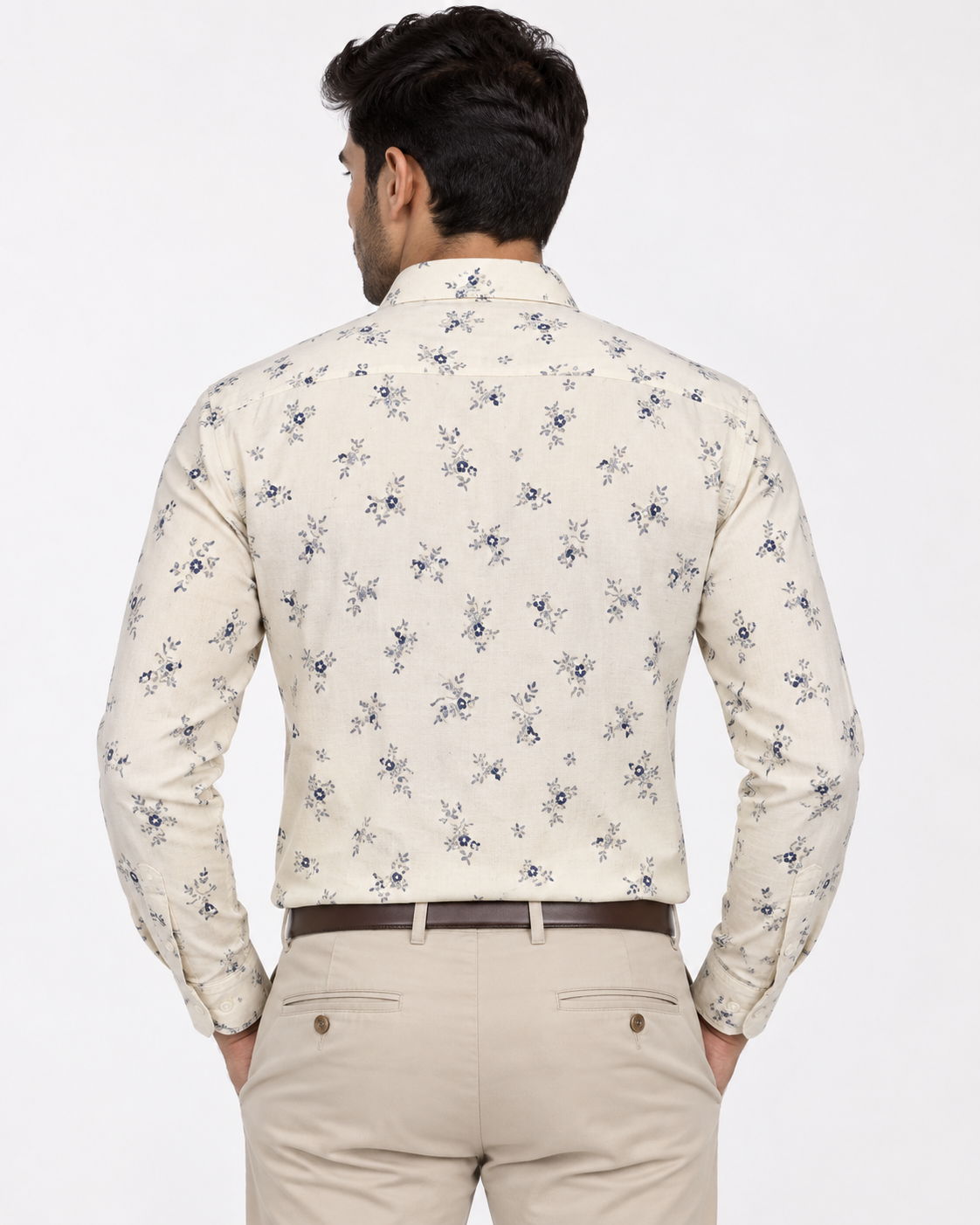 Ivory Cream Navy Floral Print Cotton Full Sleeve Regular Fit Shirt