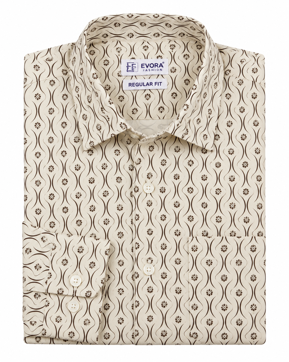 Ivory Cream Brown Abstract Print Cotton Full Sleeve Regular Fit Shirt