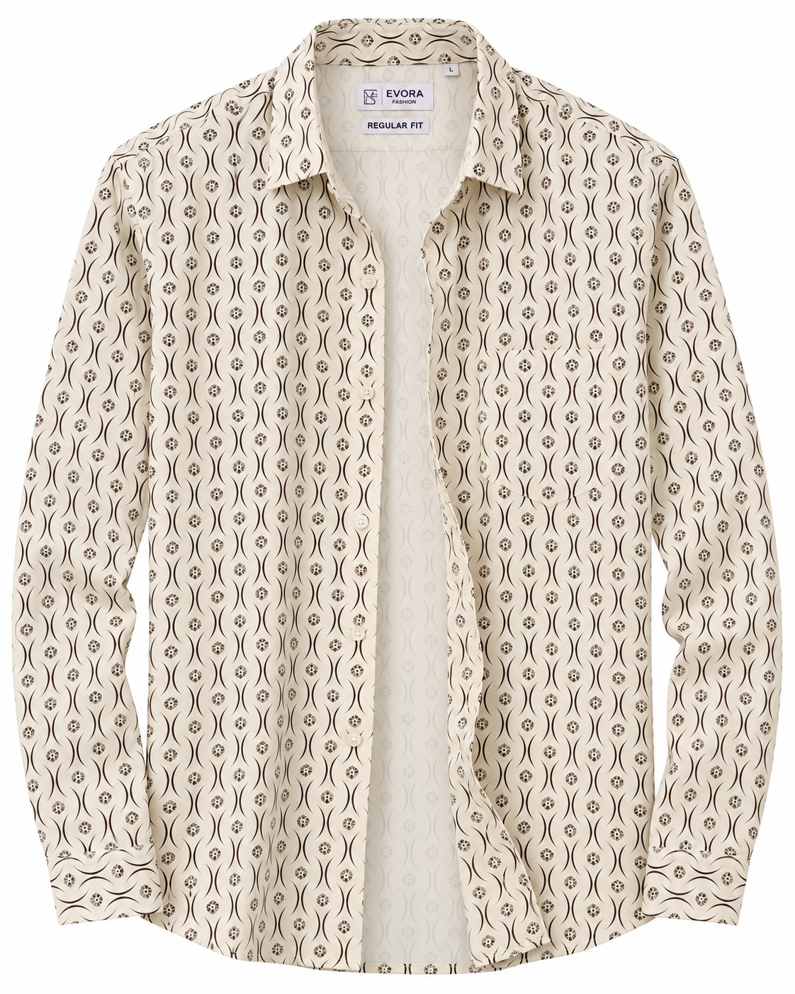 Ivory Cream Brown Abstract Print Cotton Full Sleeve Regular Fit Shirt