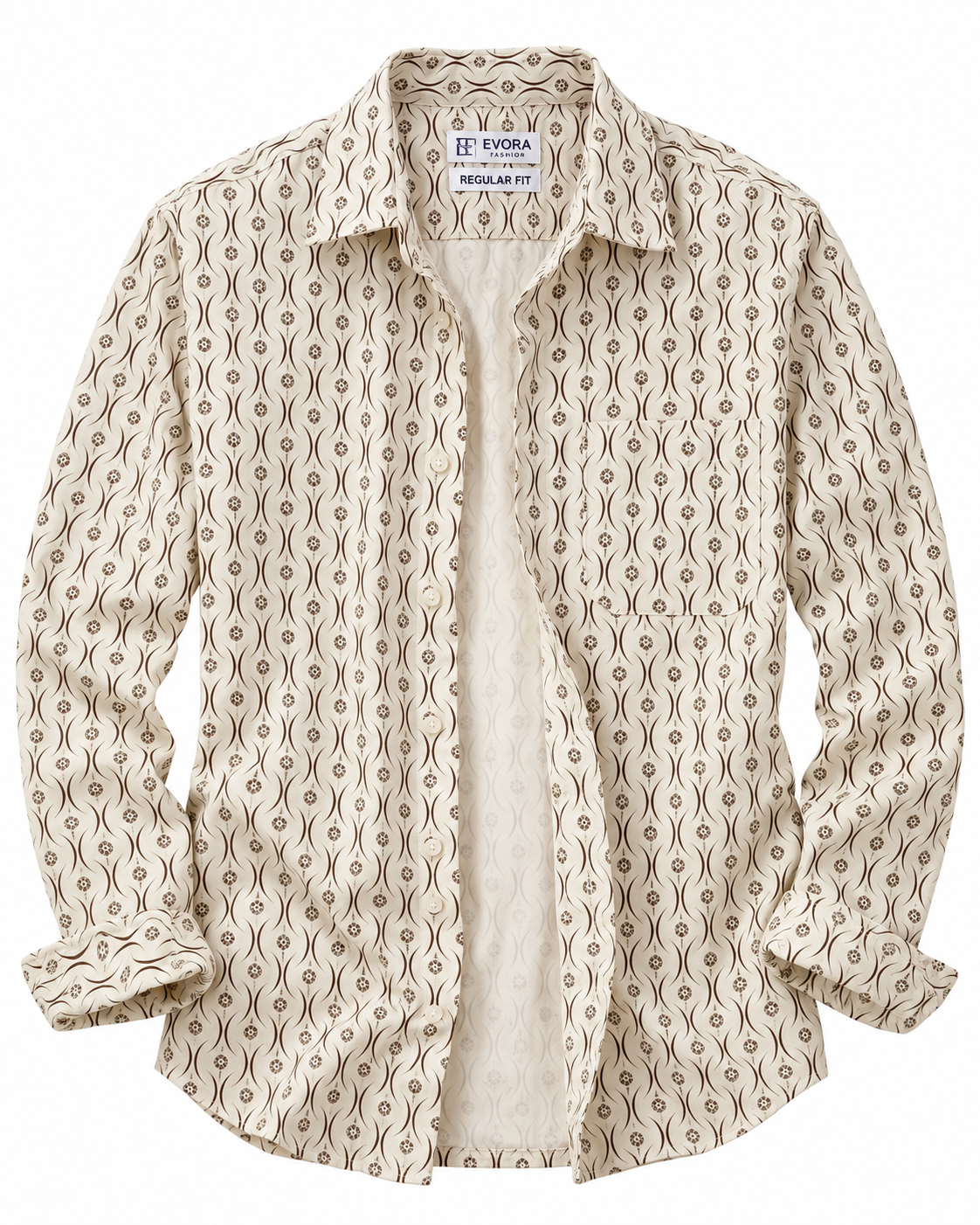 Ivory Cream Brown Abstract Print Cotton Full Sleeve Regular Fit Shirt