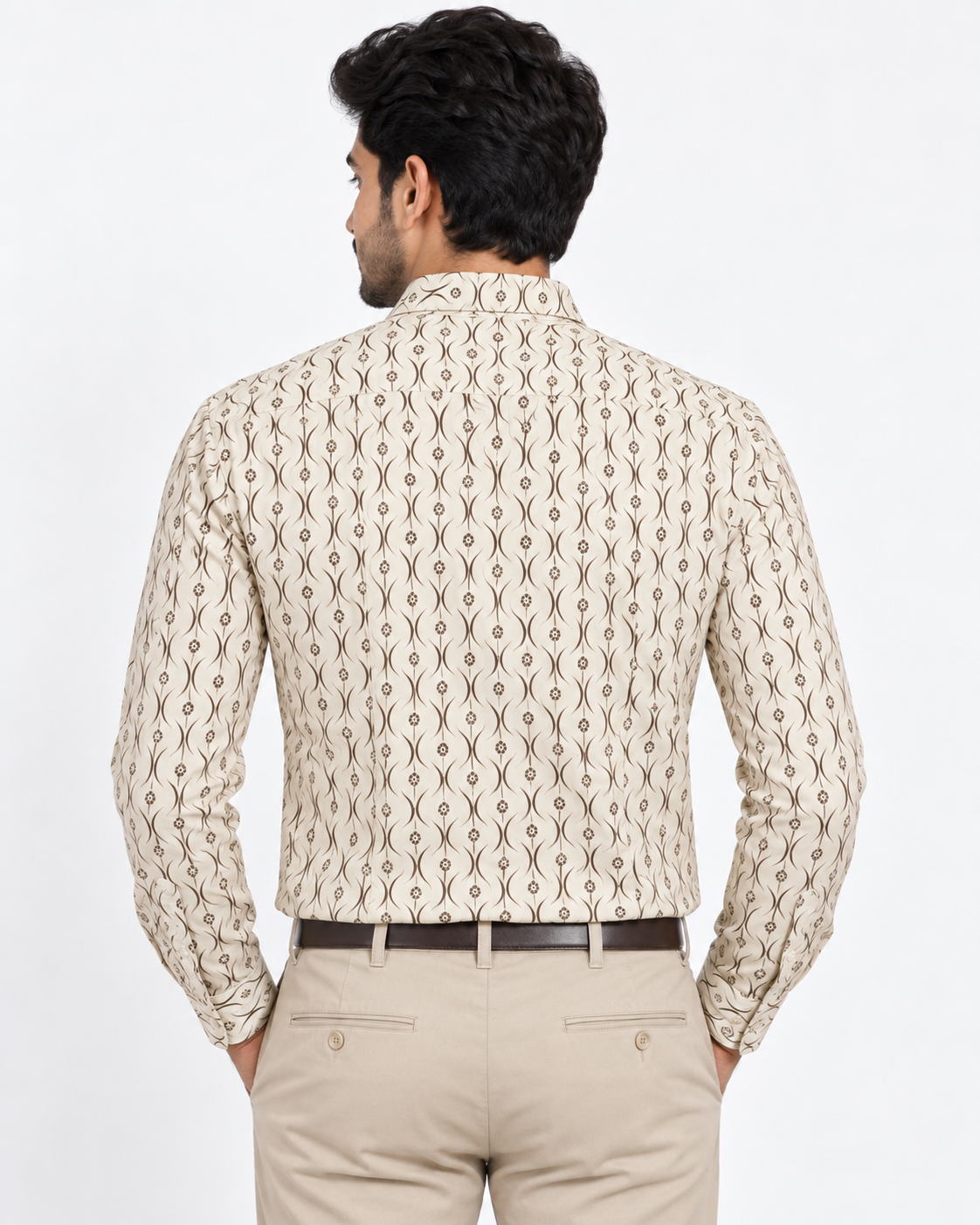 Ivory Cream Brown Abstract Print Cotton Full Sleeve Regular Fit Shirt