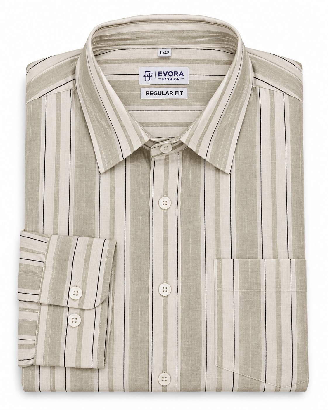 Stone Beige Vertical Stripe Cotton Full Sleeve Regular Fit Shirt