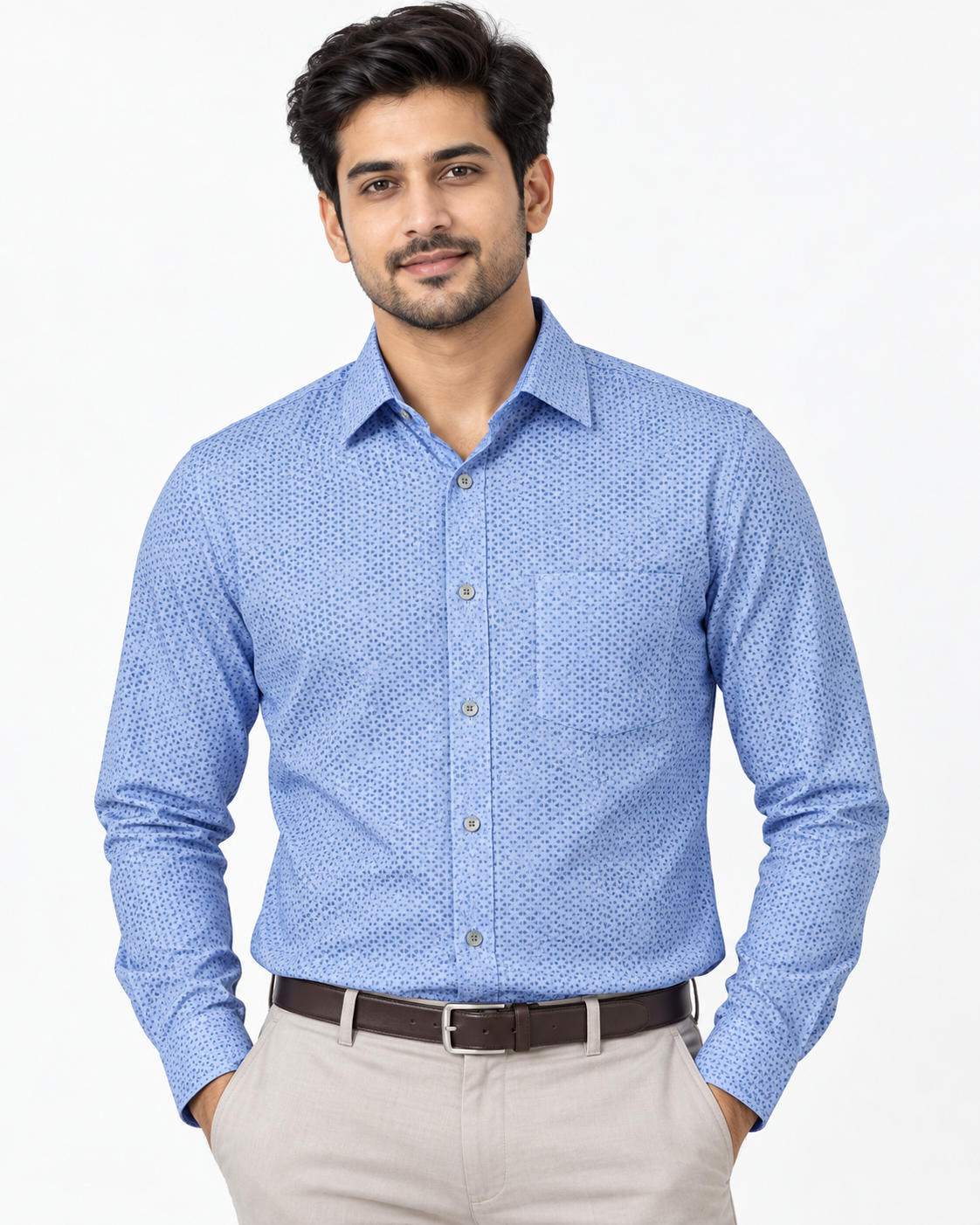 Light Sky Blue Micro Geometric Print Cotton Full Sleeve Regular Fit Shirt