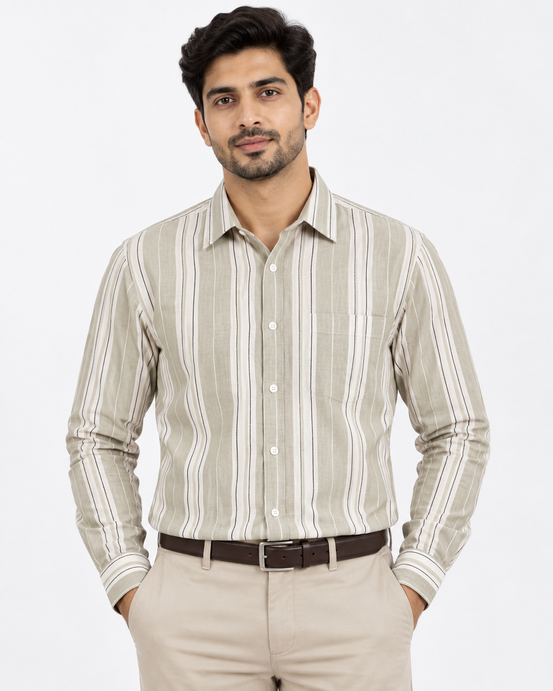 Stone Beige Vertical Stripe Cotton Full Sleeve Regular Fit Shirt