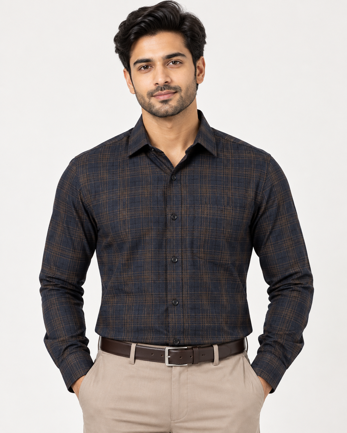 Midnight Navy Rust Check Cotton Full Sleeve Regular Fit Shirt