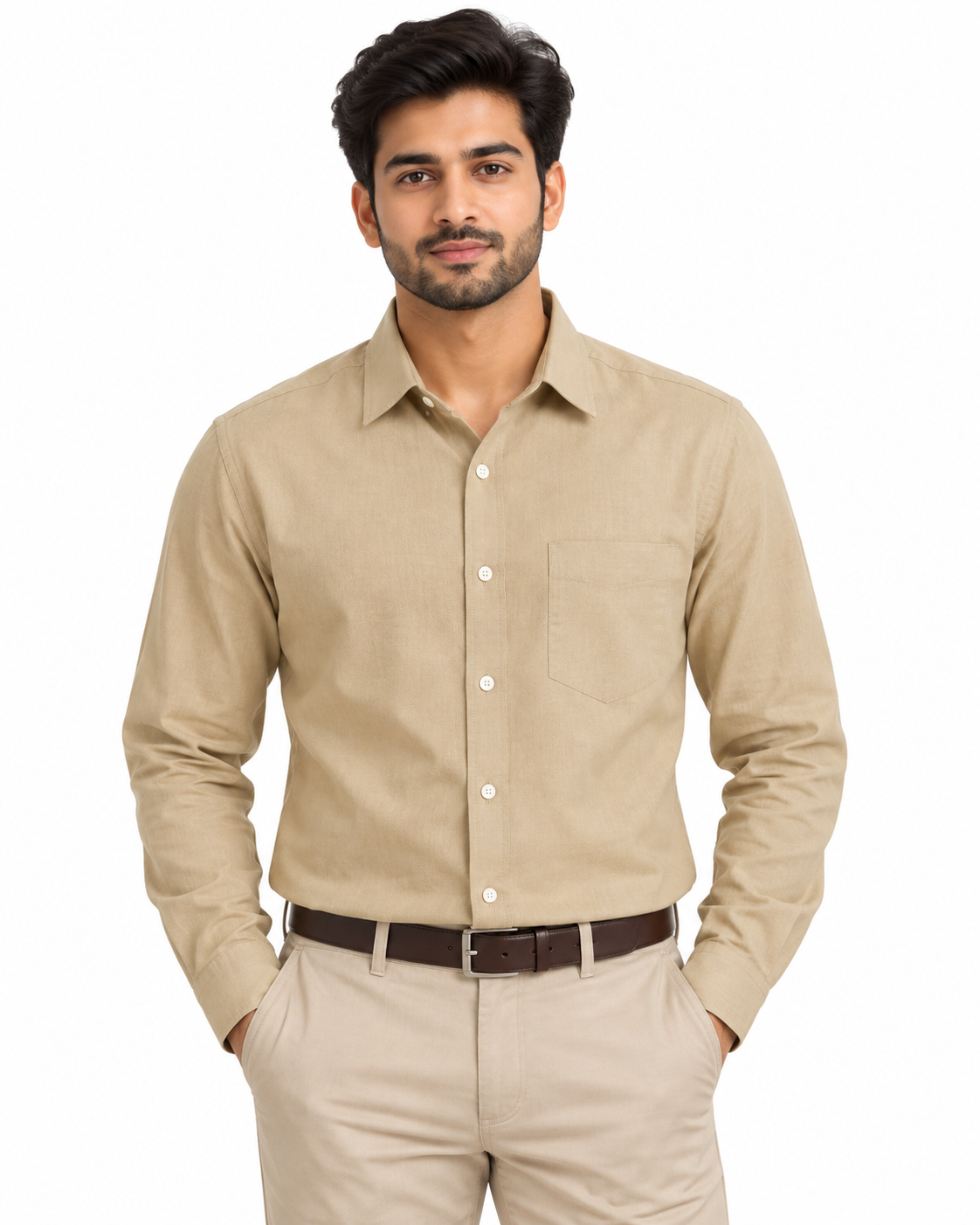 Sand Beige Solid Cotton Full Sleeve Regular Fit Shirt