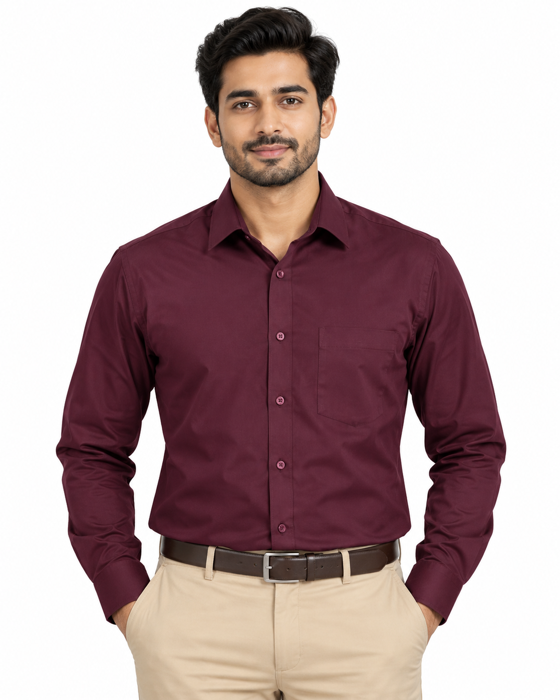 Deep Burgundy Red Solid Cotton Full Sleeve Regular Fit Shirt