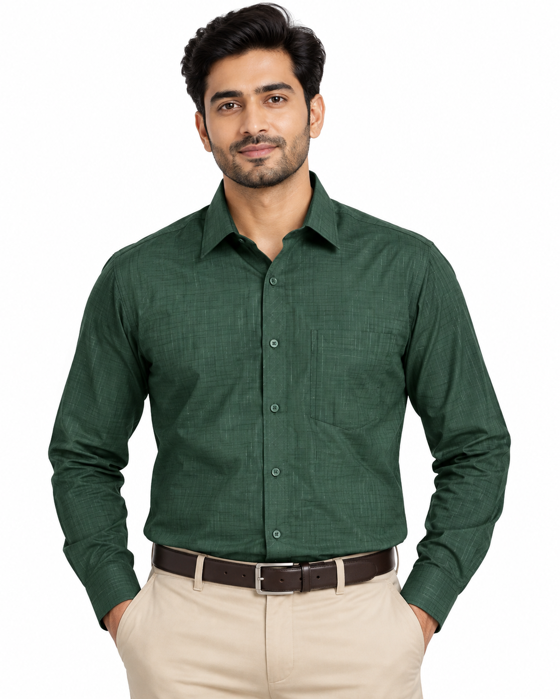 Deep Forest Green Textured Cotton Full Sleeve Regular Fit Shirt
