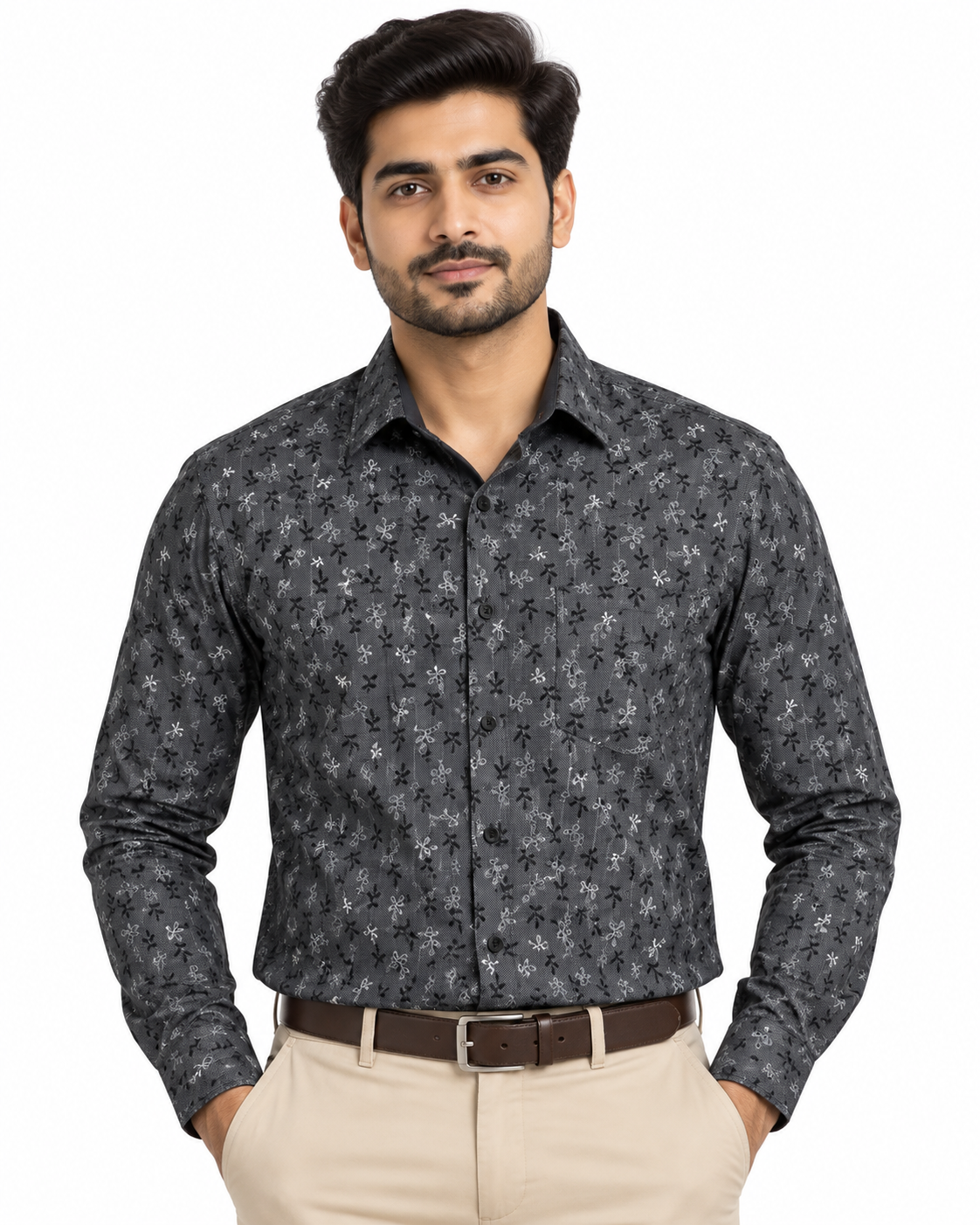 Charcoal Gray Micro Floral Print Cotton Full Sleeve Regular Fit Shirt