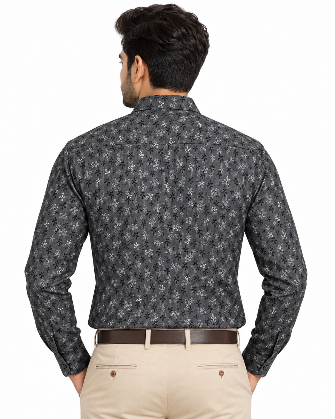 Charcoal Gray Micro Floral Print Cotton Full Sleeve Regular Fit Shirt