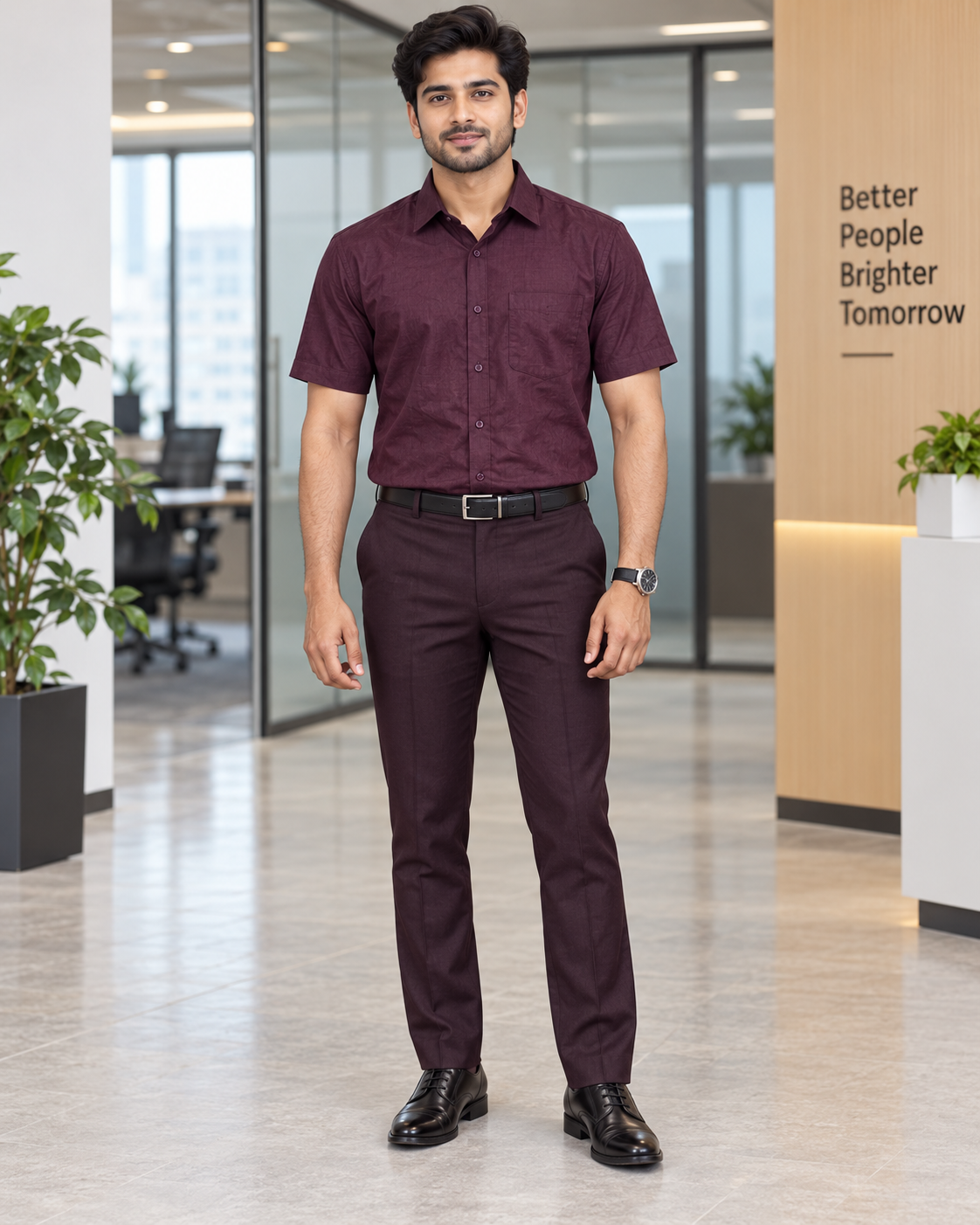 Deep Wine Purple Solid Cotton Half Sleeve Shirt