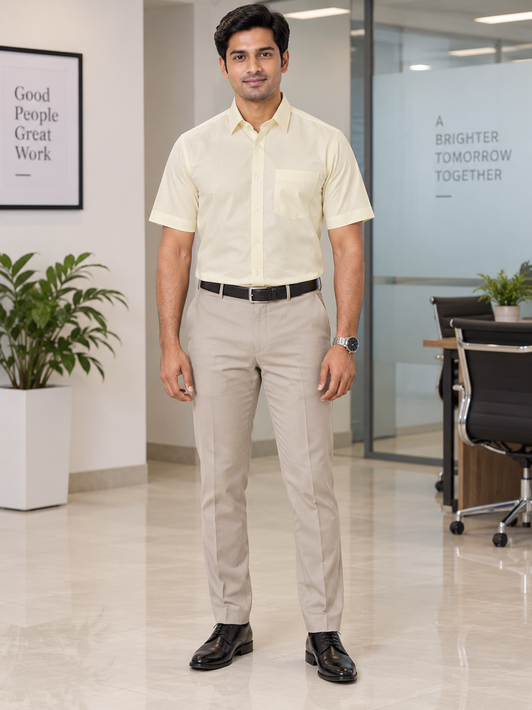 Ivory Cream Solid Cotton Half Sleeve Shirt