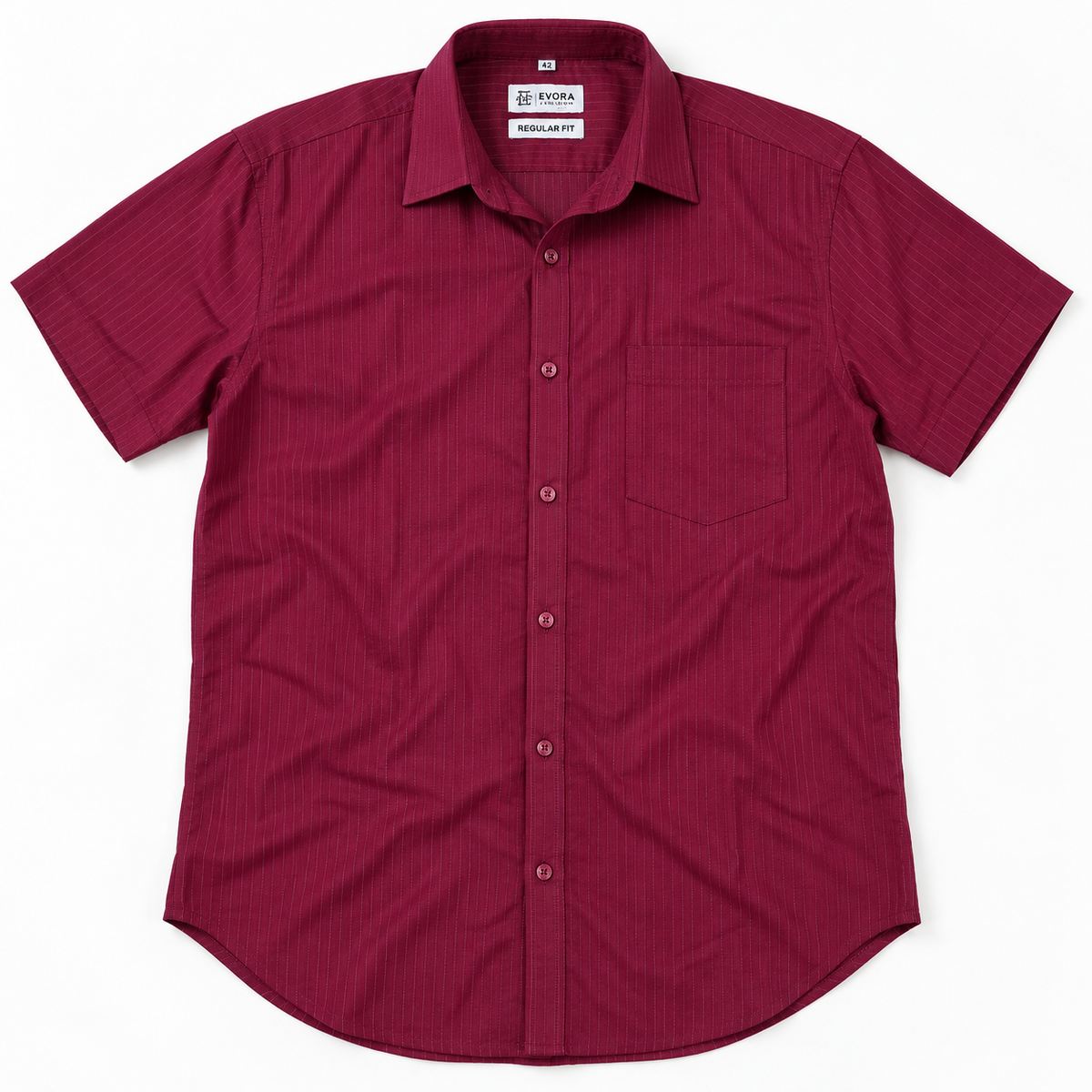 Deep Burgundy Red Vertical Pinstripe Cotton Half Sleeve Shirt