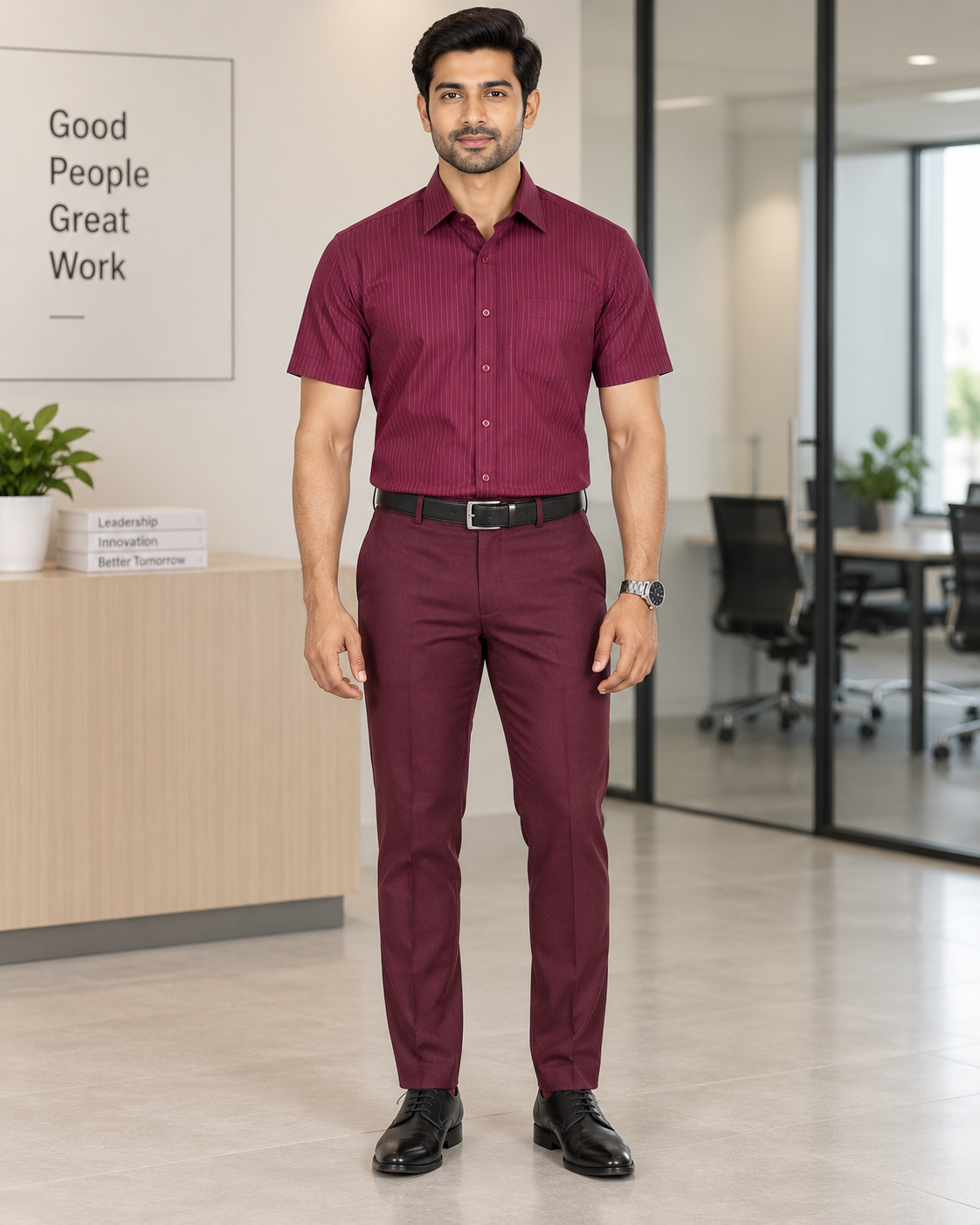 Deep Burgundy Red Vertical Pinstripe Cotton Half Sleeve Shirt
