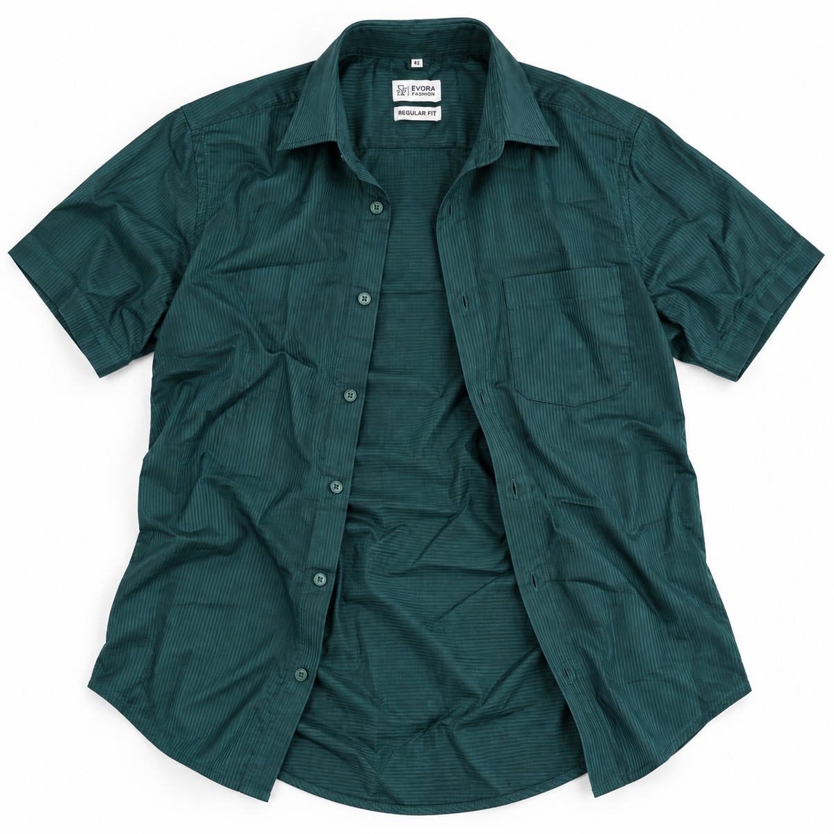 Deep Teal Green Vertical Pinstripe Cotton Half Sleeve Shirt