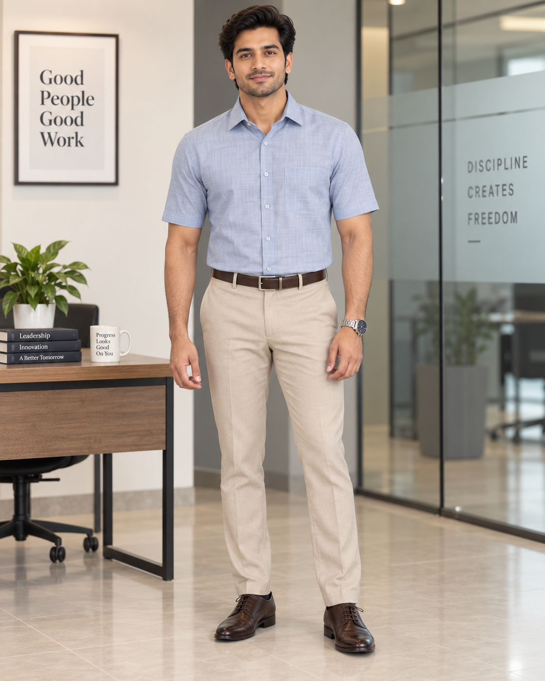 Powder Blue Textured Cotton Half Sleeve Shirt