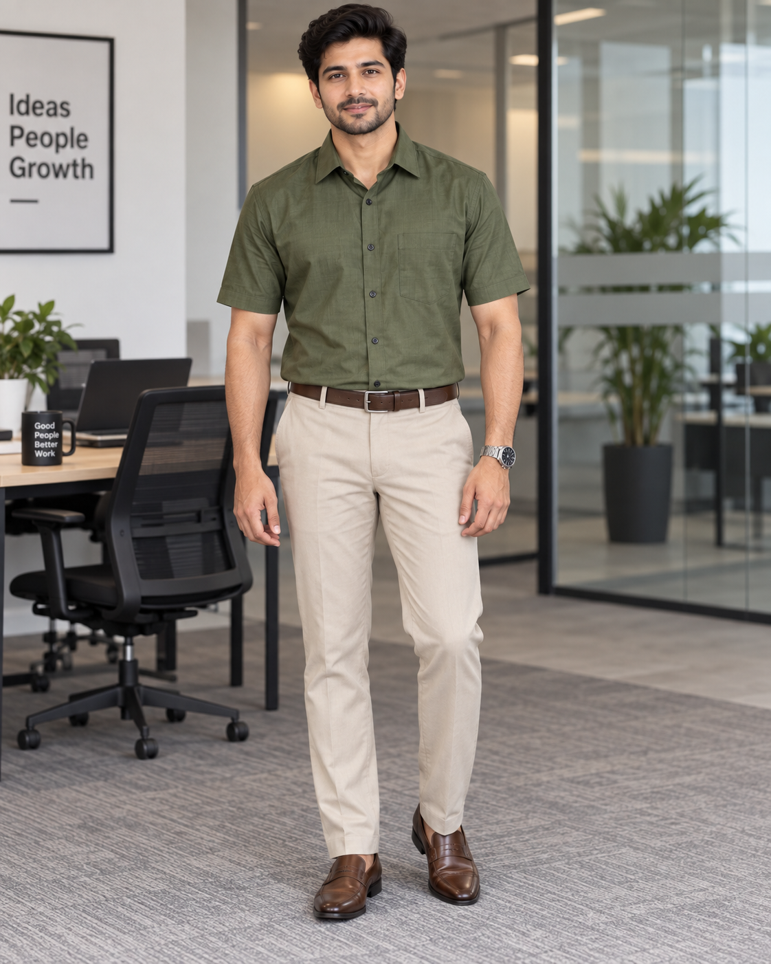 Army Olive Green Solid Cotton Half Sleeve Shirt