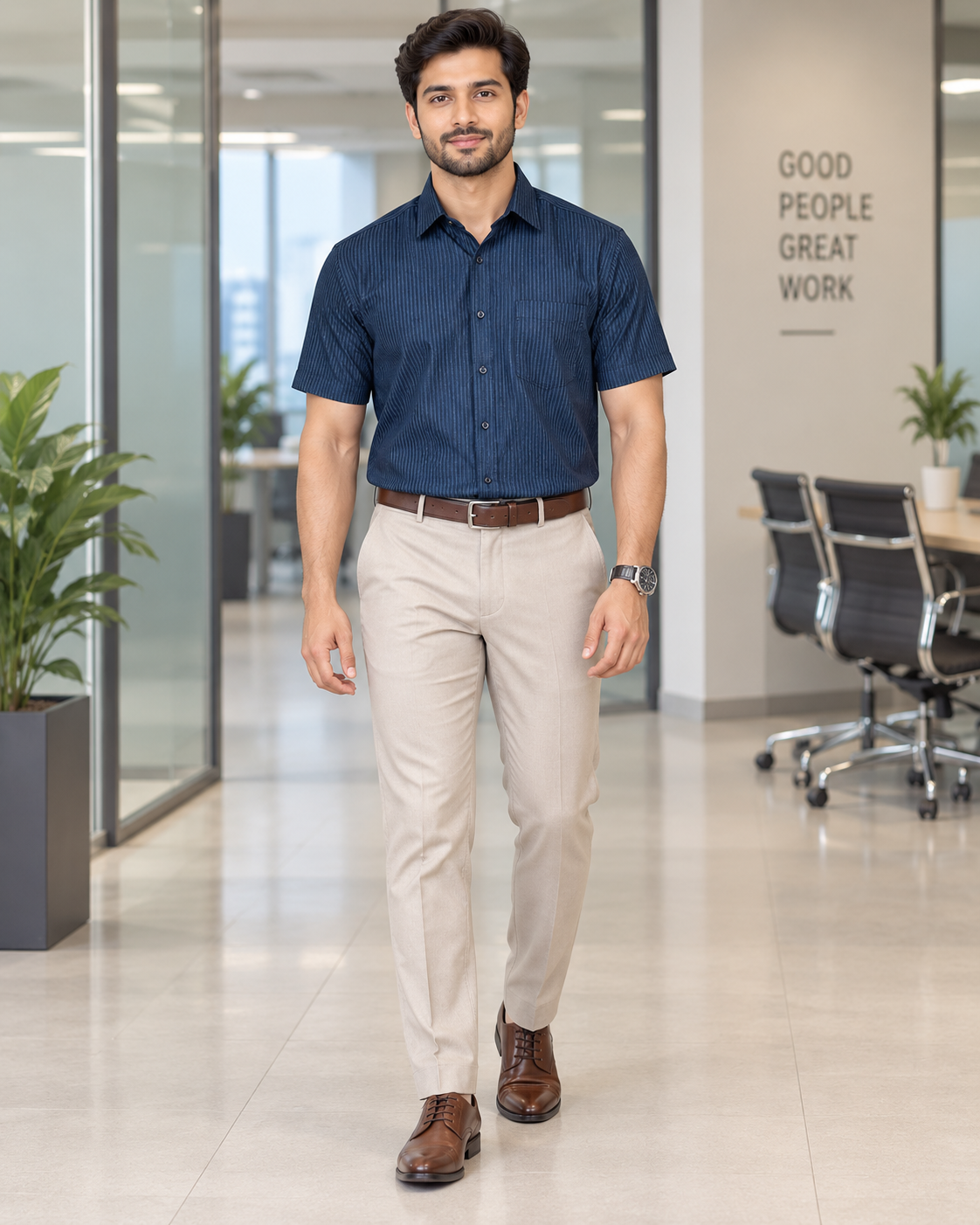 Deep Navy Blue Vertical Pinstripe Cotton Half Sleeve Shirt