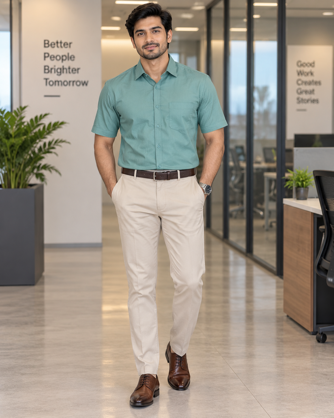 Sage Green Solid Cotton Half Sleeve Shirt
