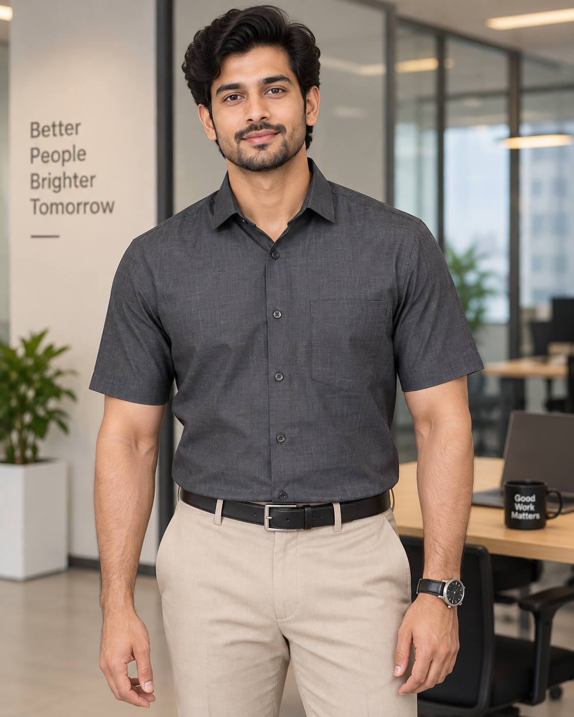 Charcoal Gray Textured Cotton Half Sleeve Shirt