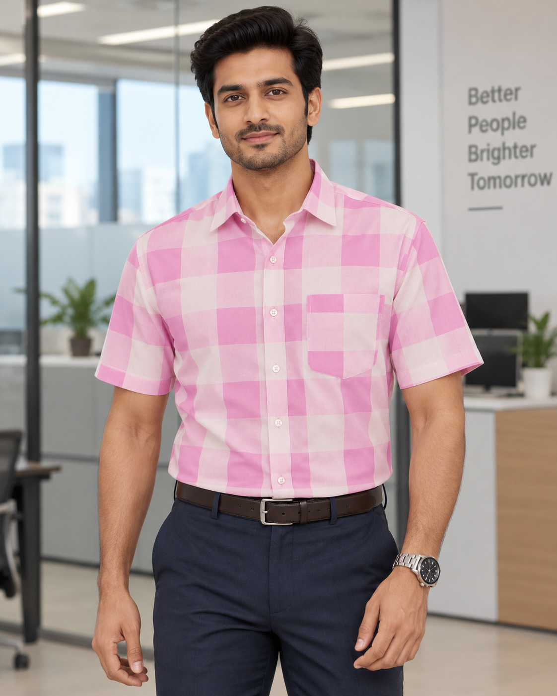 Bubblegum Pink Large Gingham Check Cotton Half Sleeve Shirt
