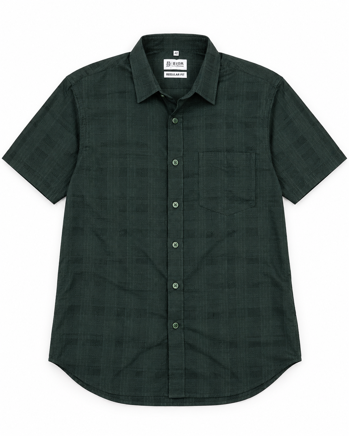 Bottle Green Self-Check Cotton Half Sleeve Shirt