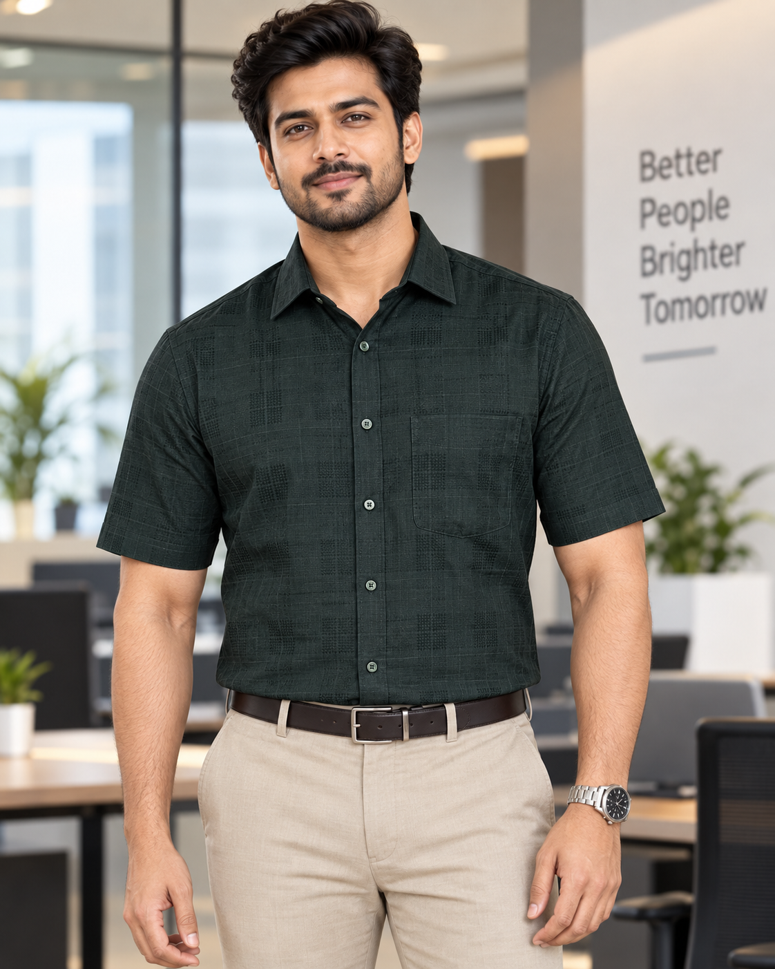 Bottle Green Self-Check Cotton Half Sleeve Shirt