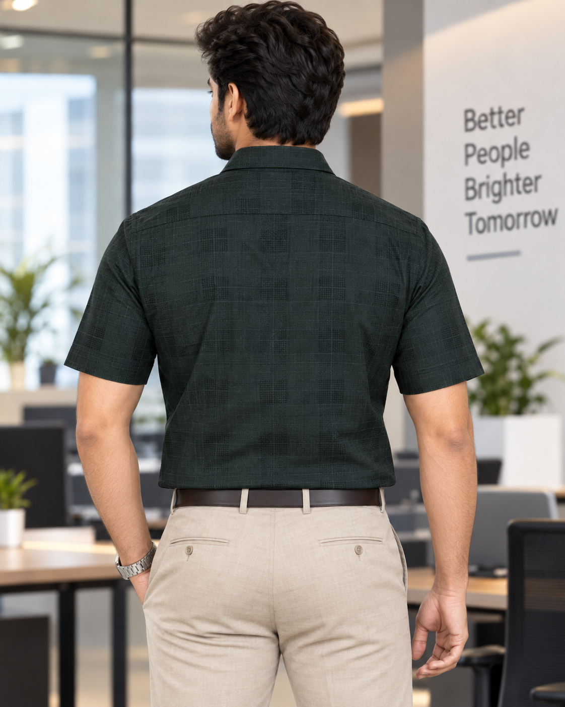 Bottle Green Self-Check Cotton Half Sleeve Shirt