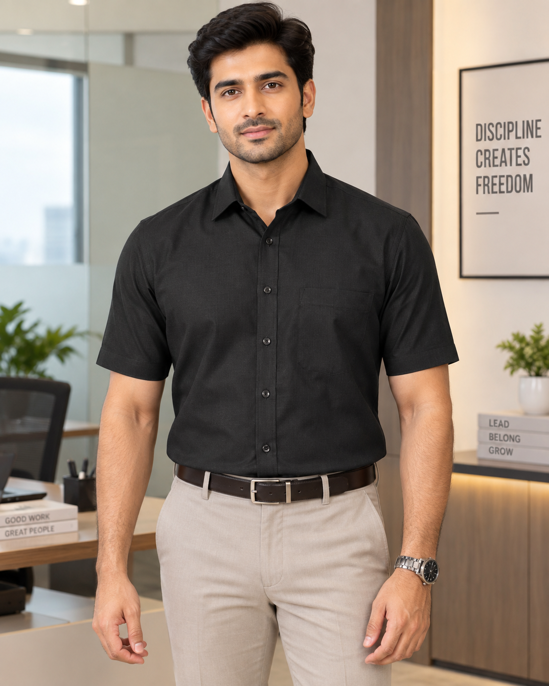 Jet Black Solid Cotton Half Sleeve Shirt