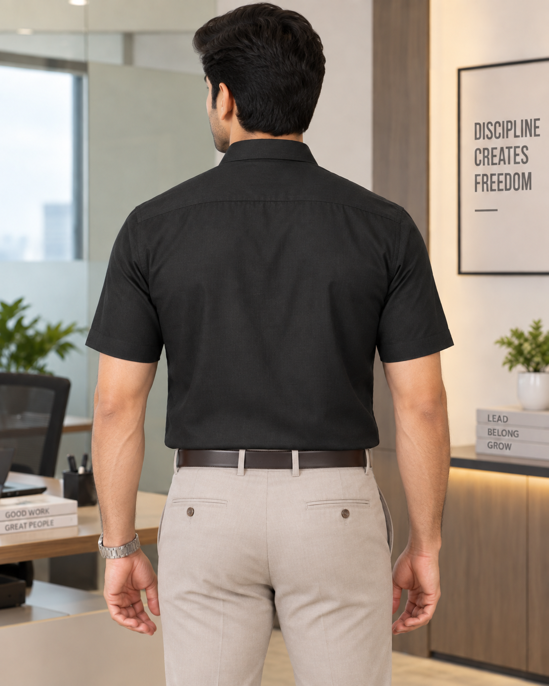 Jet Black Solid Cotton Half Sleeve Shirt